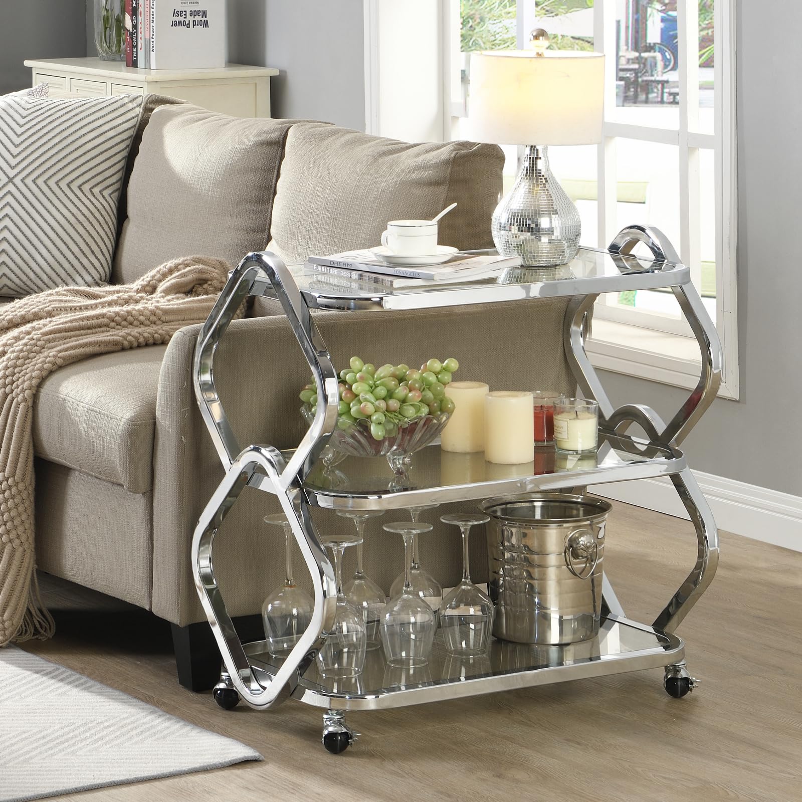 FERFALDER Silver Bar Cart with Wheels Glass Bar Cart for Home Metal Console Table Serving Cart with Storage for Club Spa Cafe Entryway Kitchen Living