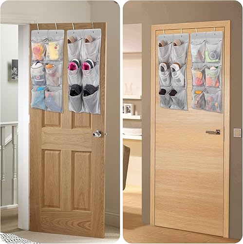 Miniatura 4 de Organizador de zapatos sobre la puertapared, paquete de 2, estrecho, zapatero colgante para armario, baño, caravana, despensa, campamento, color gris