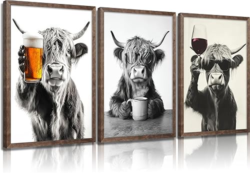 KKP - Juego de 3 imágenes divertidas de vaca de las tierras altas de las tierras altas, cuadros de decoración de pared de barra de vaca blanca y