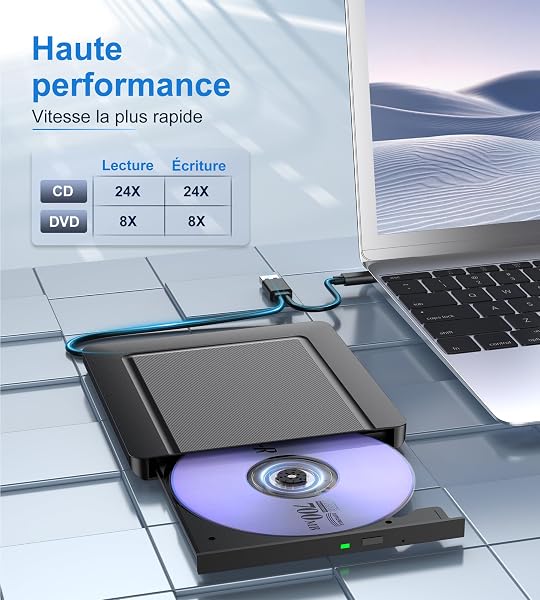 Lecteur CD/DVD Externe pour PC, Ultramince USB 3.0 et USB-C Graveur DVD Externe Optique Portable CD/DVD -/+RW Drive, Mince DVD Player Transmission Rapide Câble USB Intégrée pour Windows/MacOS/Laptop - 4