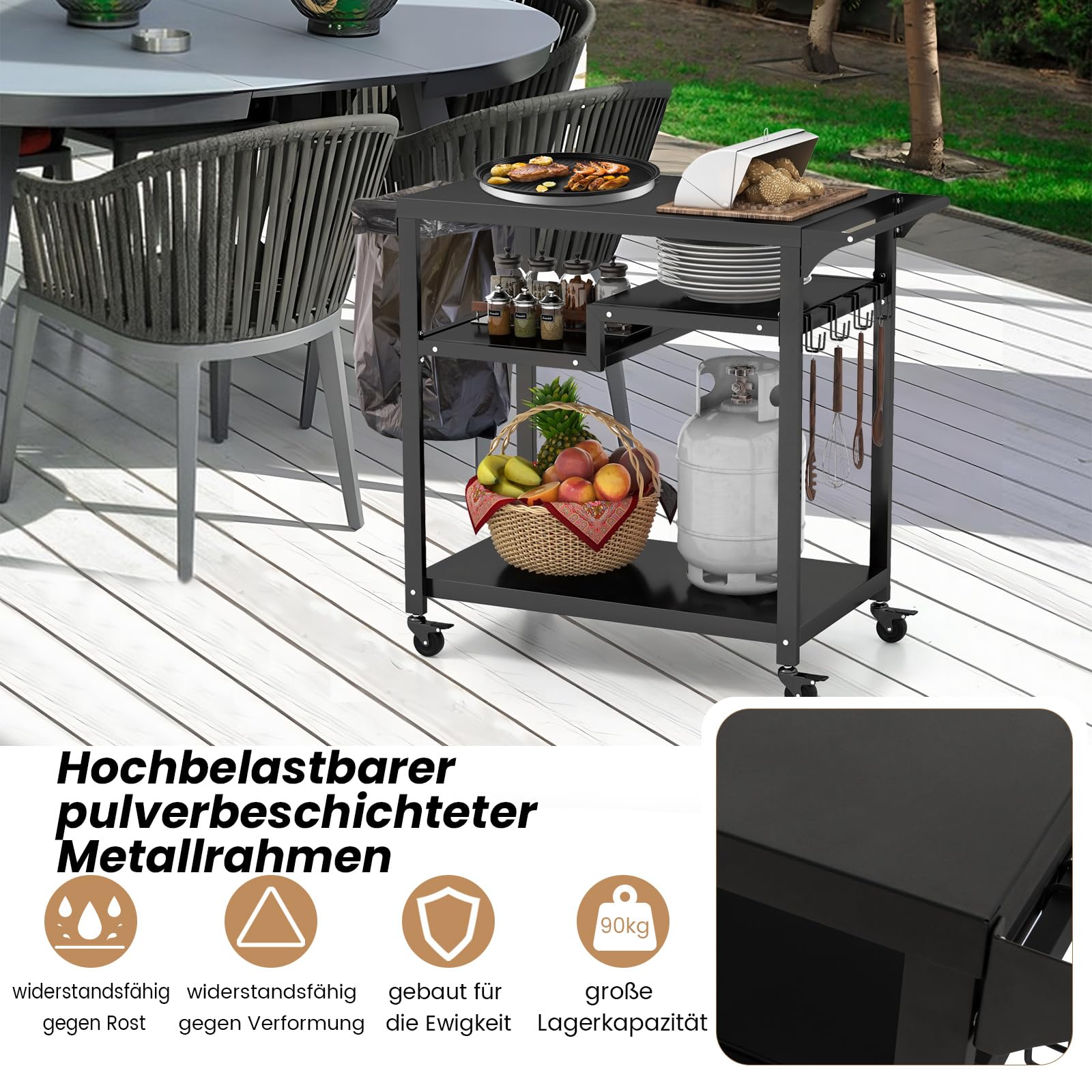 COSTWAY Grillwagen Grilltisch Outdoor, Pizzatisch mit 4 Ablagen & 4 Rollen & Haken, Grill Beistelltisch Servierwagen Garten Trolley für den Außenbereich, 85 x 50,5 x 93 cm (4 Ablagen)
