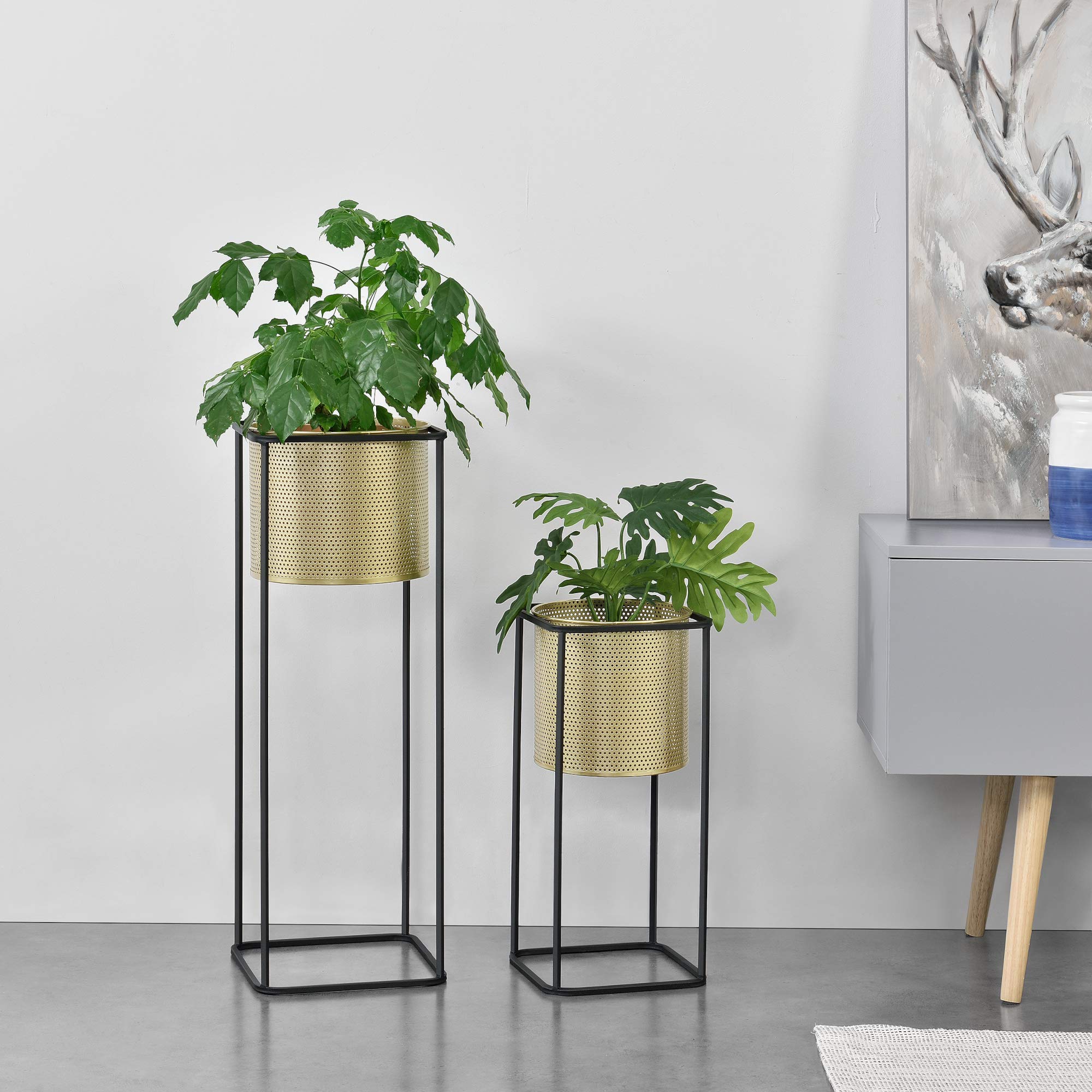 [en.casa] Lot de 2 Supports de Plante Set Cache-pot Pot de Fleur Bac à Fleurs Vase Métal Tailles Différentes Noir Doré