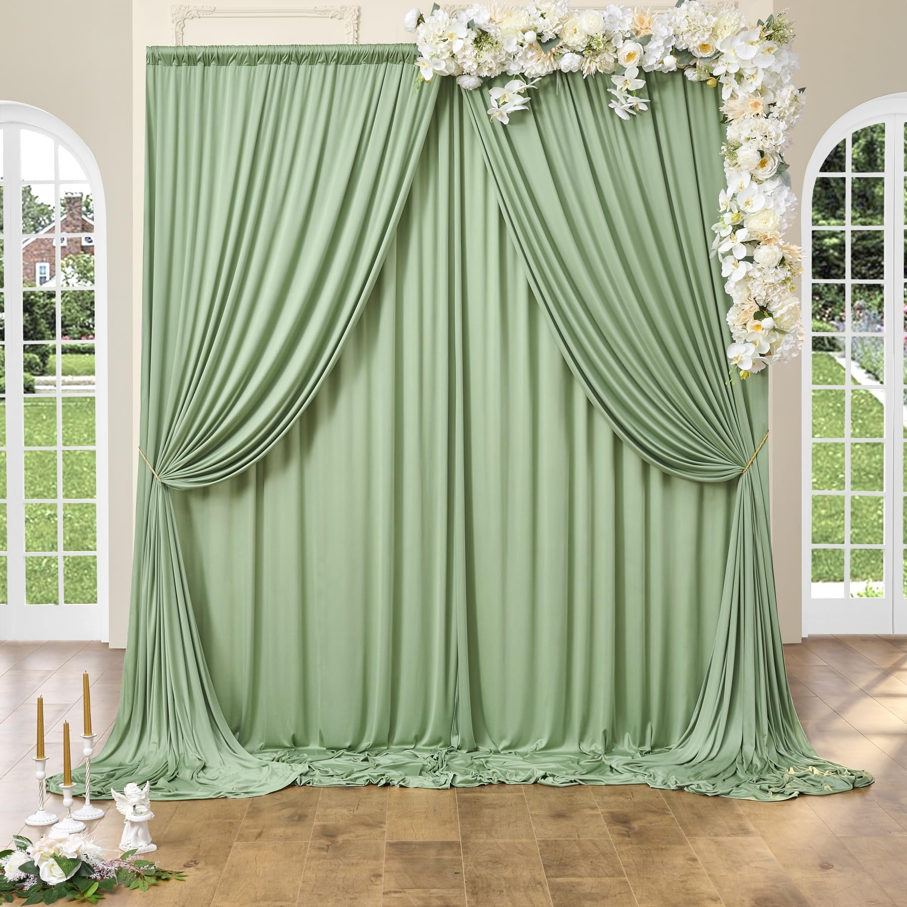 10 ft x 10 ft Wrinkle Free Sage Green Backdrop Curtain Panels, Polyester Photography Backdrop Drapes, Wedding Party Home Decoration Supplies