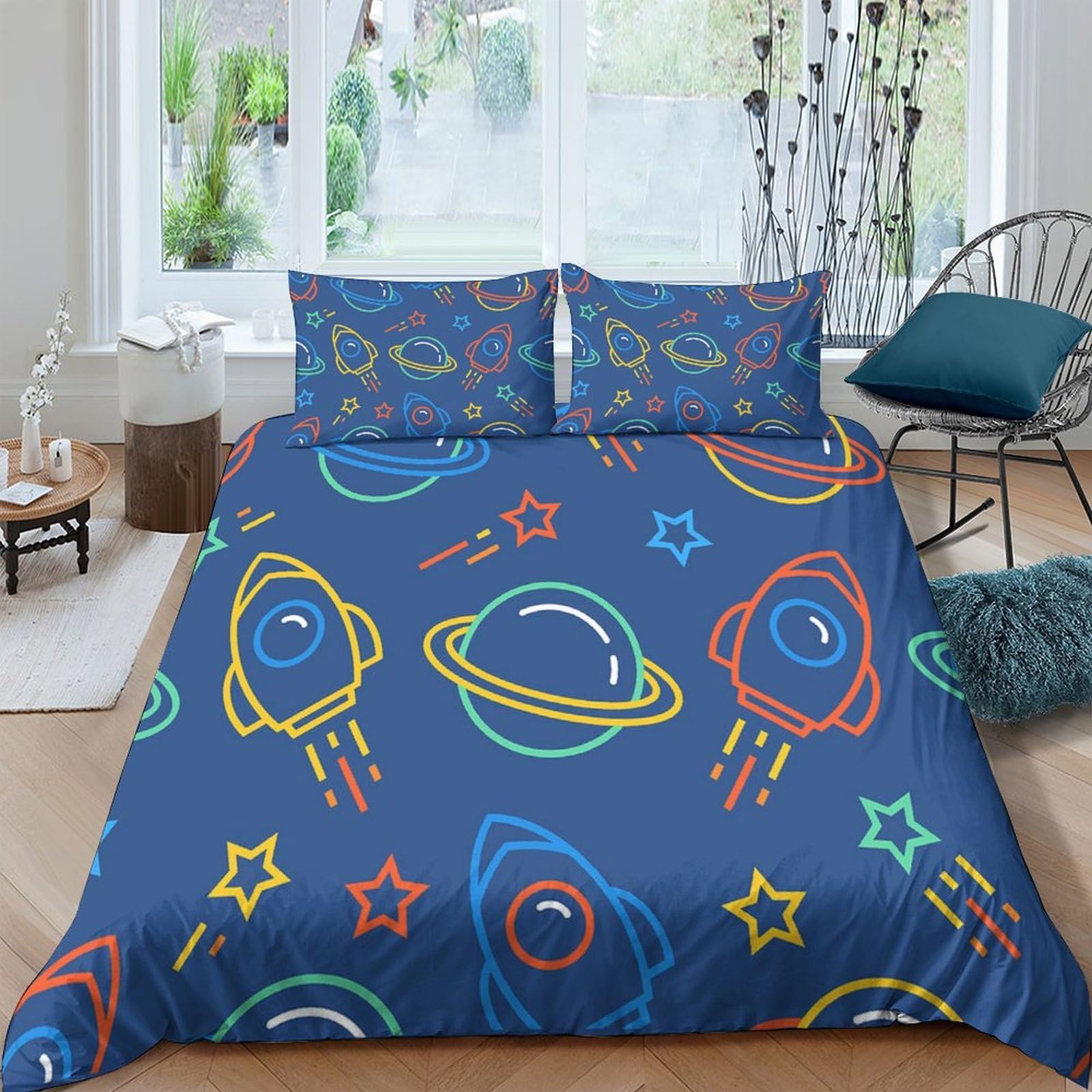 GPLZQXKJNH 3D Printed Space Rocket Duvet Cover Microfiber Kids Planet Bedding Set with 2 Pillowcases for Bedroom Apartment Single（135x200cm）