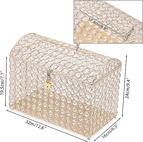 Miniatura 2 de ELLDOO Caja de tarjetas de boda de cristal con cerradura de corazón, caja de tarjetas de dinero, estilo cofre del tesoro, regalo dorado para