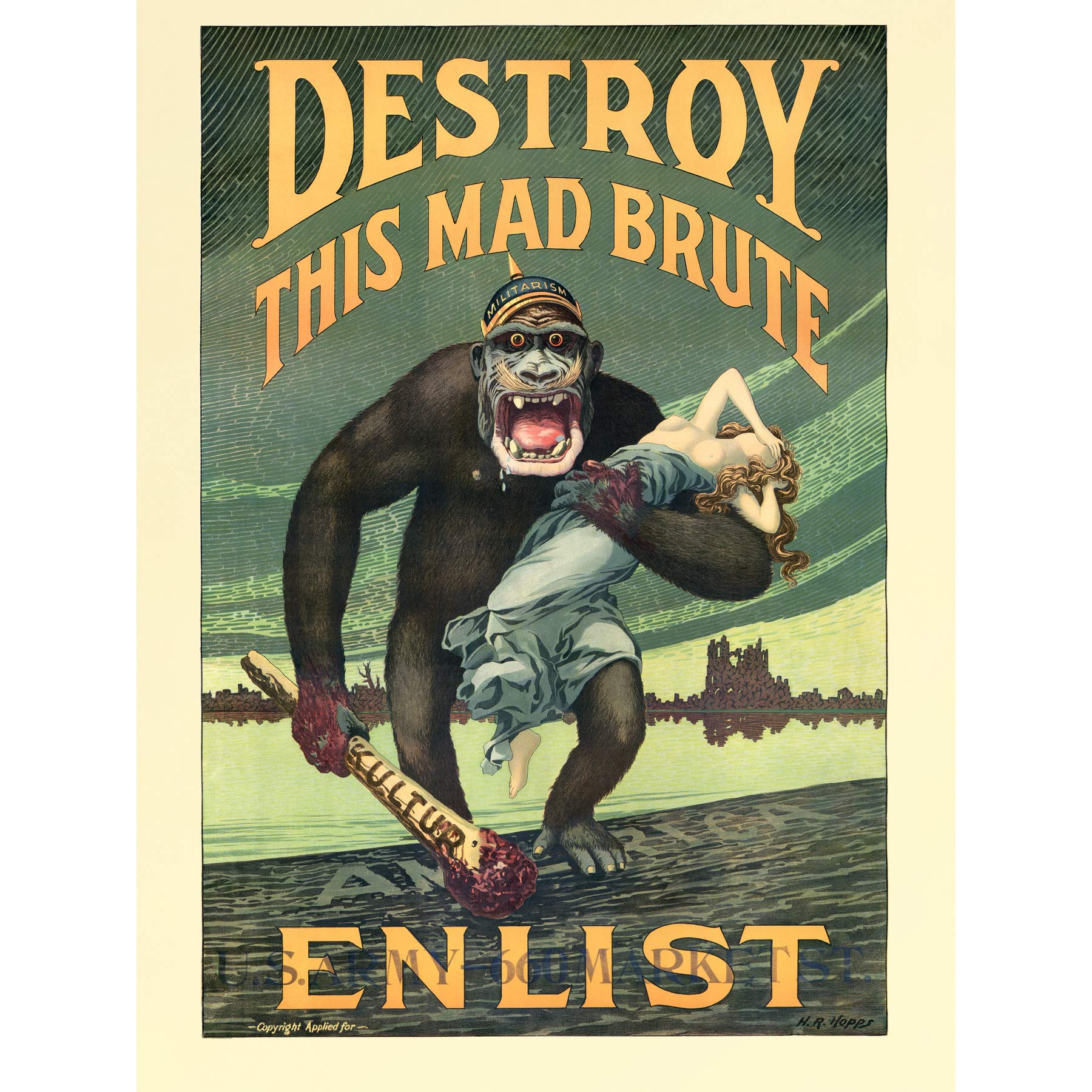 Hopps Destroy Brute US Army Recruitment WWI War Advert Premium Wall Art Canvas Print 18X24 Inch
