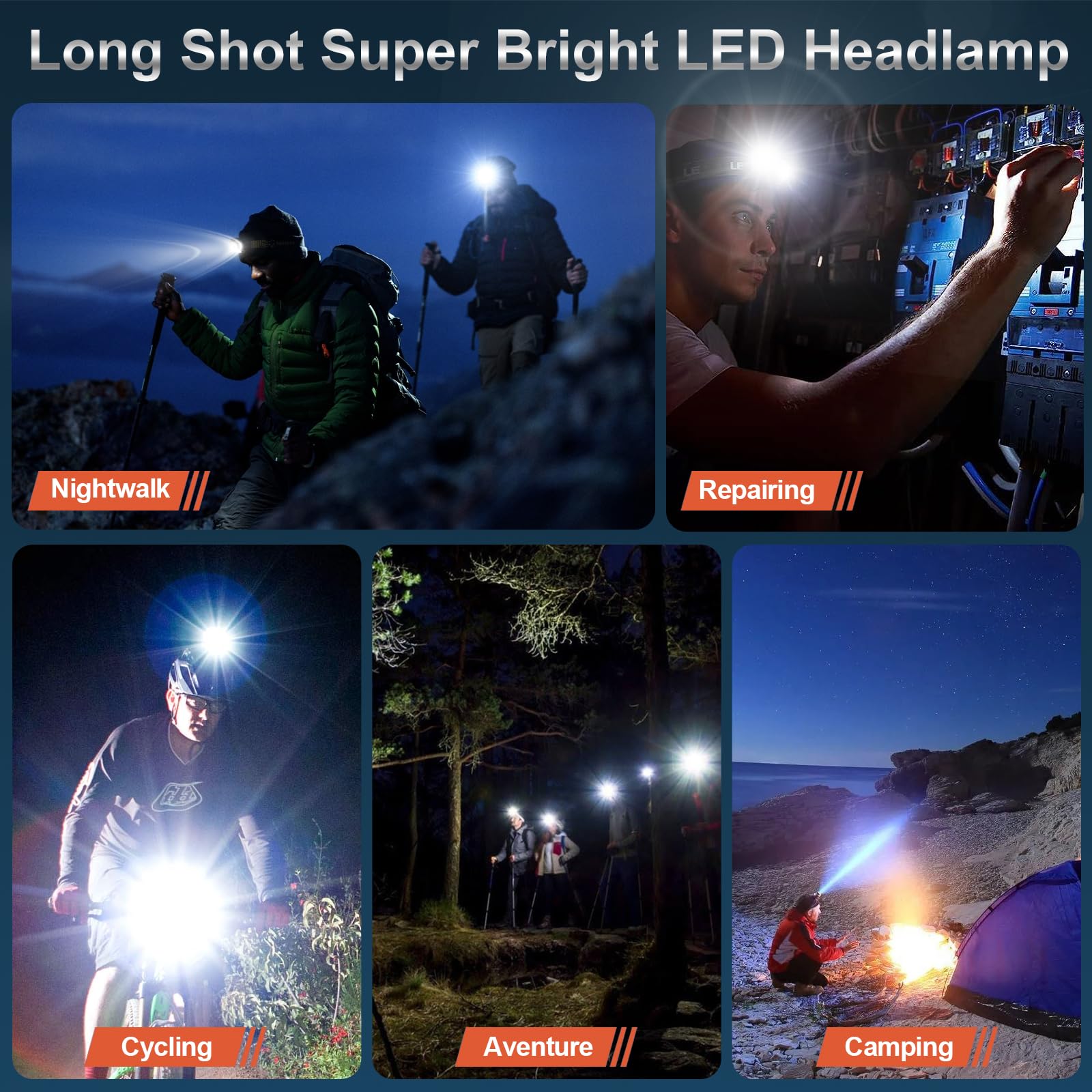 Foleto Folet aufladbare LED Stirnlampe 2-Pack, 5000lm, 3+4 Modi, IPX7 wasserdicht, zoombar, 135° verstellbar – Kopflampe für Outdoor, Radfahren, Angeln