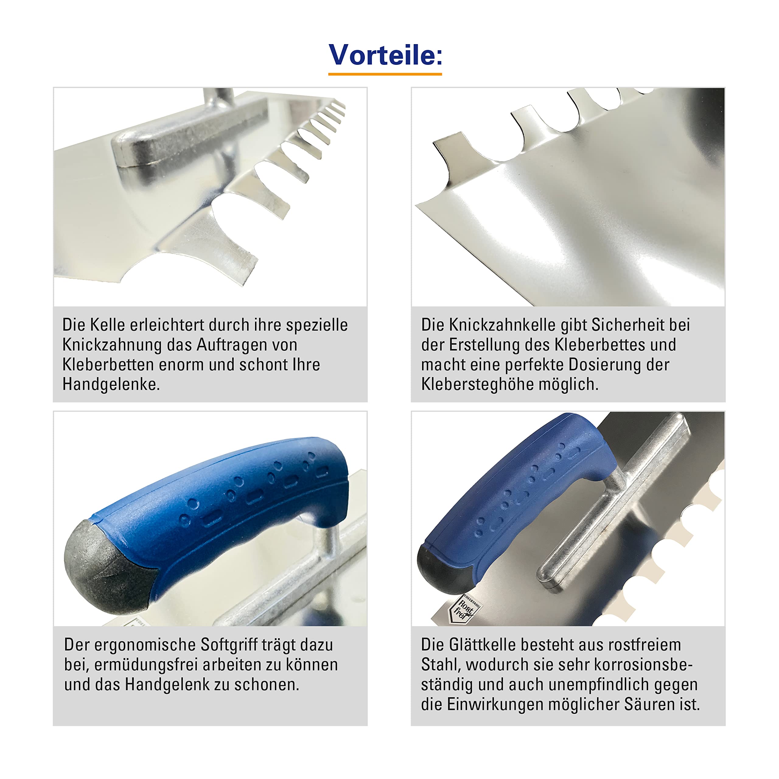 Karl Dahm Truelle à dents pliantes inoxydables 20/15 mm I Truelle avec pli I Soulagement du poignet I Développée par le maître carreleur pour mur et sol - 11742