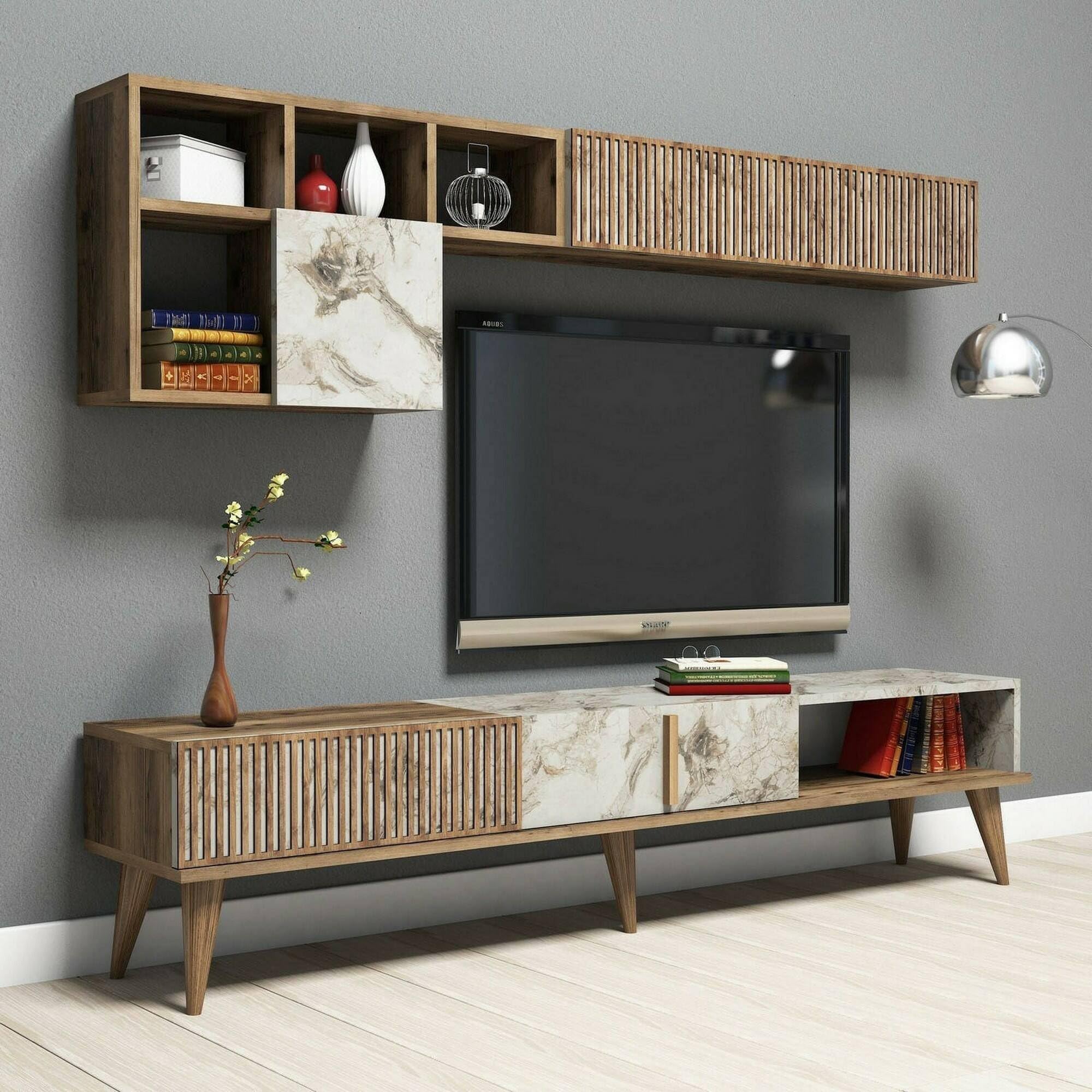 Dmora Parete attrezzata Gemini, Composizione Soggiorno, Mobile Salotto Multiuso, Armadio Porta TV, 180x35h40 cm, Noce e Bianco Marmo
