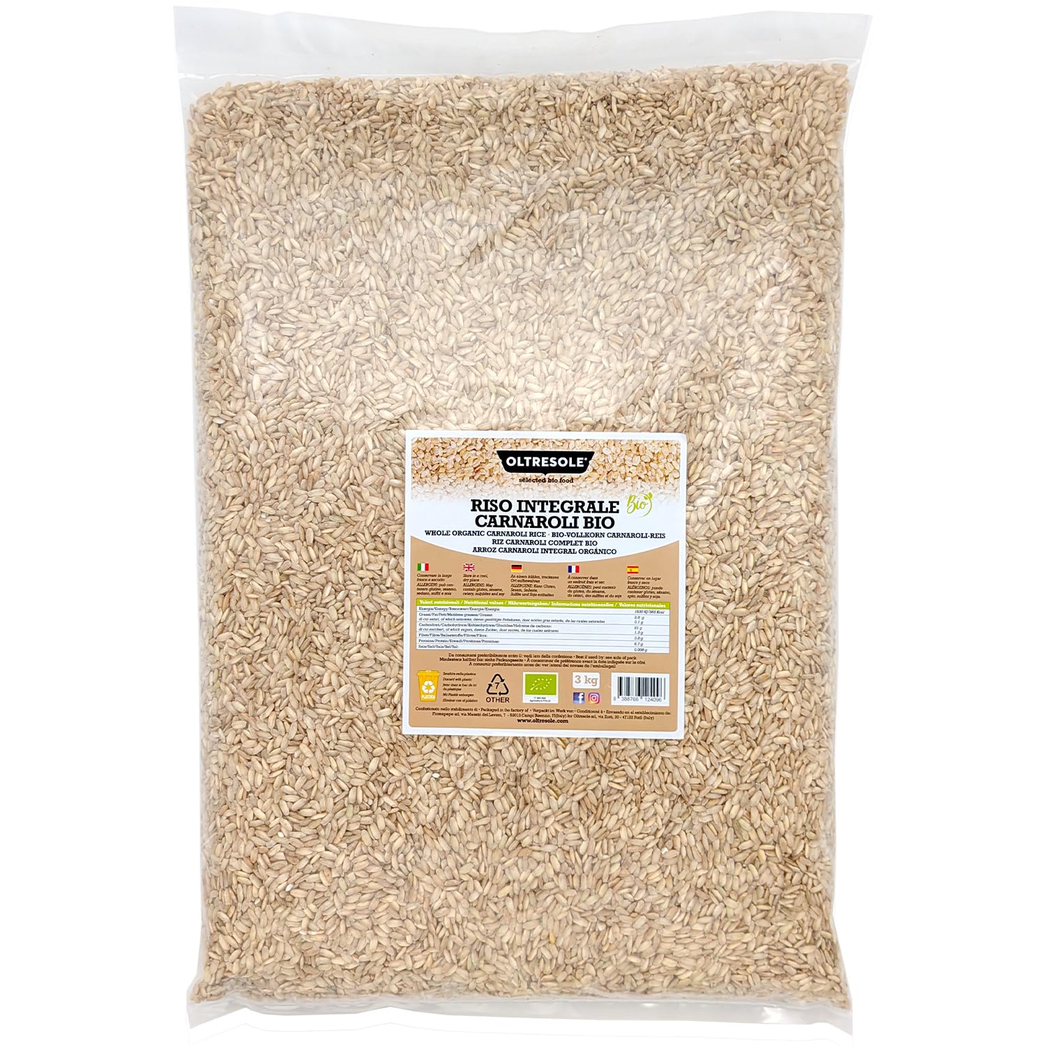 Oltresole, Riso Carnaroli Integrale Biologico 3 Kg, Riso Italiano Integrale a Grano Lungo, Ricco di Fibre, Chicchi Compatti e Strutturati, Ideale per Insalate, Bowl e Piatti Unici, Formato Convenienza