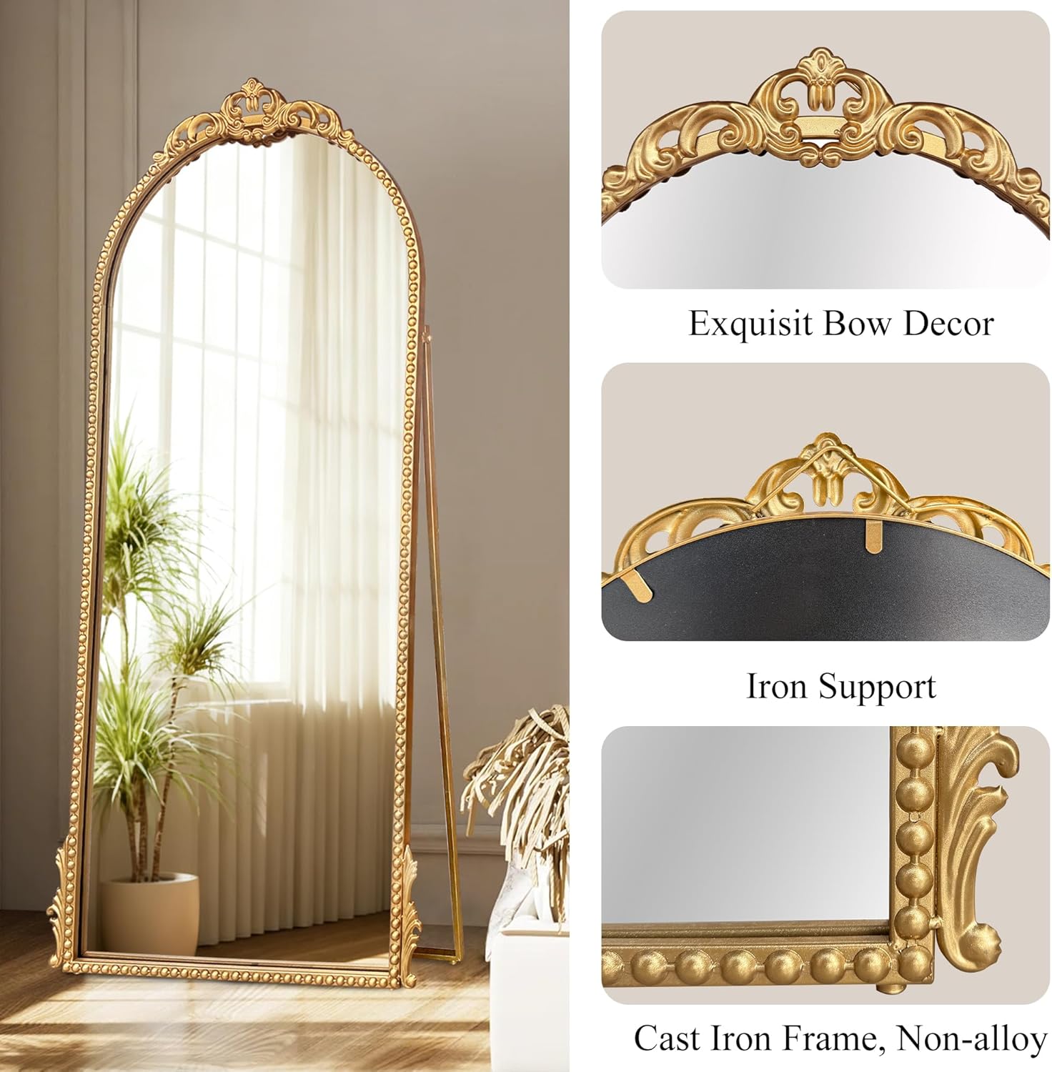 Arched Mirror Full Length: 60"x28" Gold Vintage Full Body Mirror Floor Antique Baroque Traditional Ornate for Entryway/Cloakroom/Bedroom/Living Room - Home Decor for Fashion-Conscious