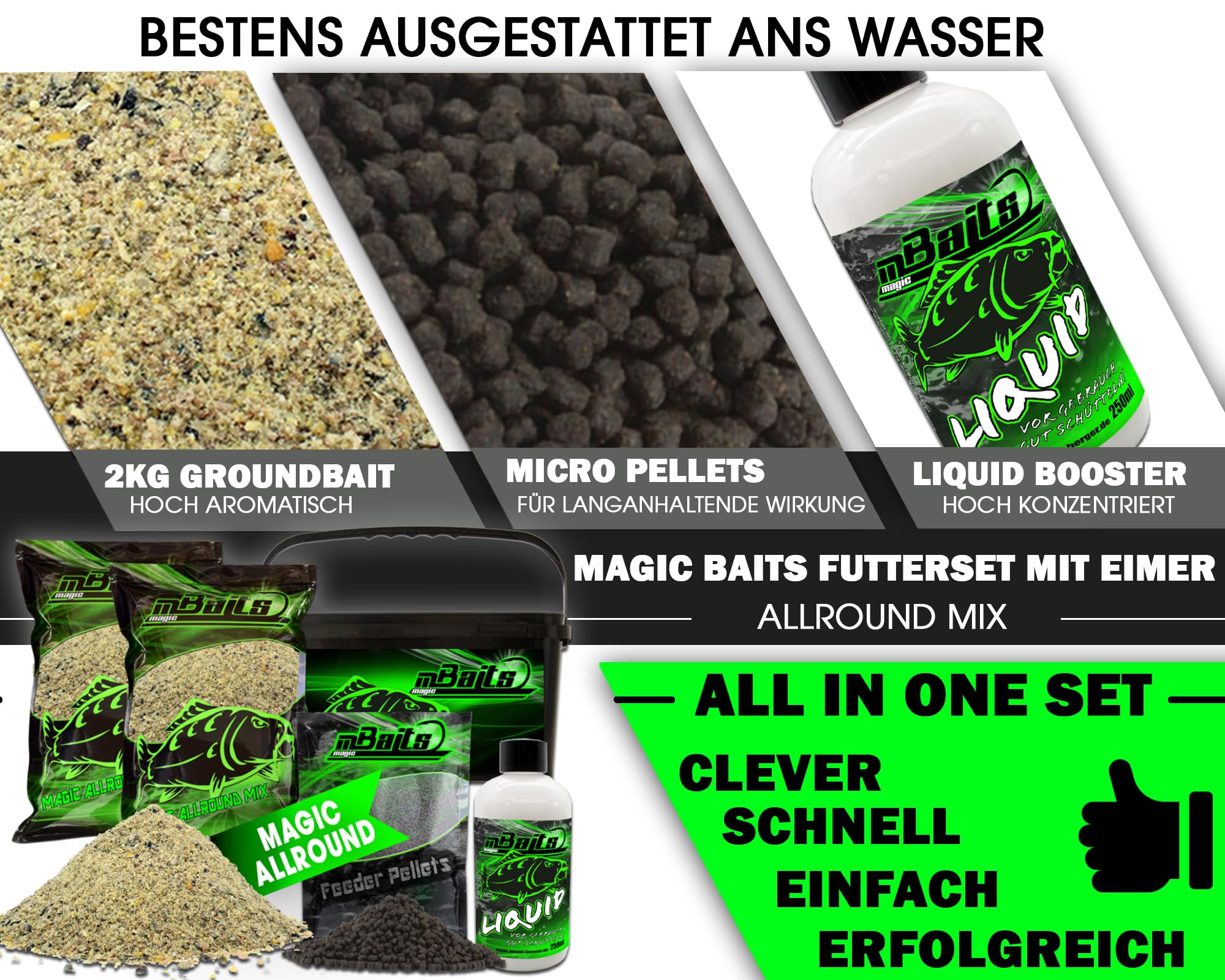 Angel-Berger Magic Baits Futterset mit Eimer Groundbait Liquid Pellets