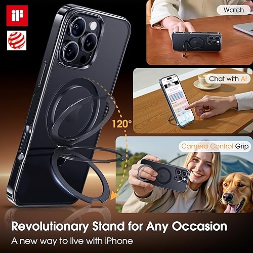 Miniatura 6 de Alphex Funda de titanio con soporte para iPhone 16 Pro, titanio negro pulido, protección contra caídas de grado militar, soporte magnético, funda