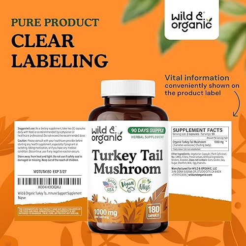 Miniatura 7 de Wild & Organic Cápsulas de hongos de cola de pavo de 1000 mg - Apoyo inmunológico - Suplemento en polvo de hongo cola de pavo - Extracto de micelio