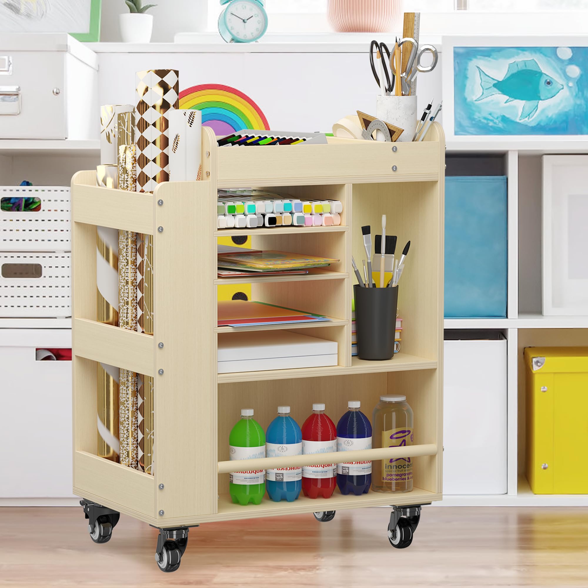 Art Cart Rolling Wood, Arts and Crafts Supply Organizer, Multi-Functional Storage Cabinet Crafts, DIY Utility Cart with Paper Storage Shelf, Art Supply Holder for Classroom, Office, Bedroom