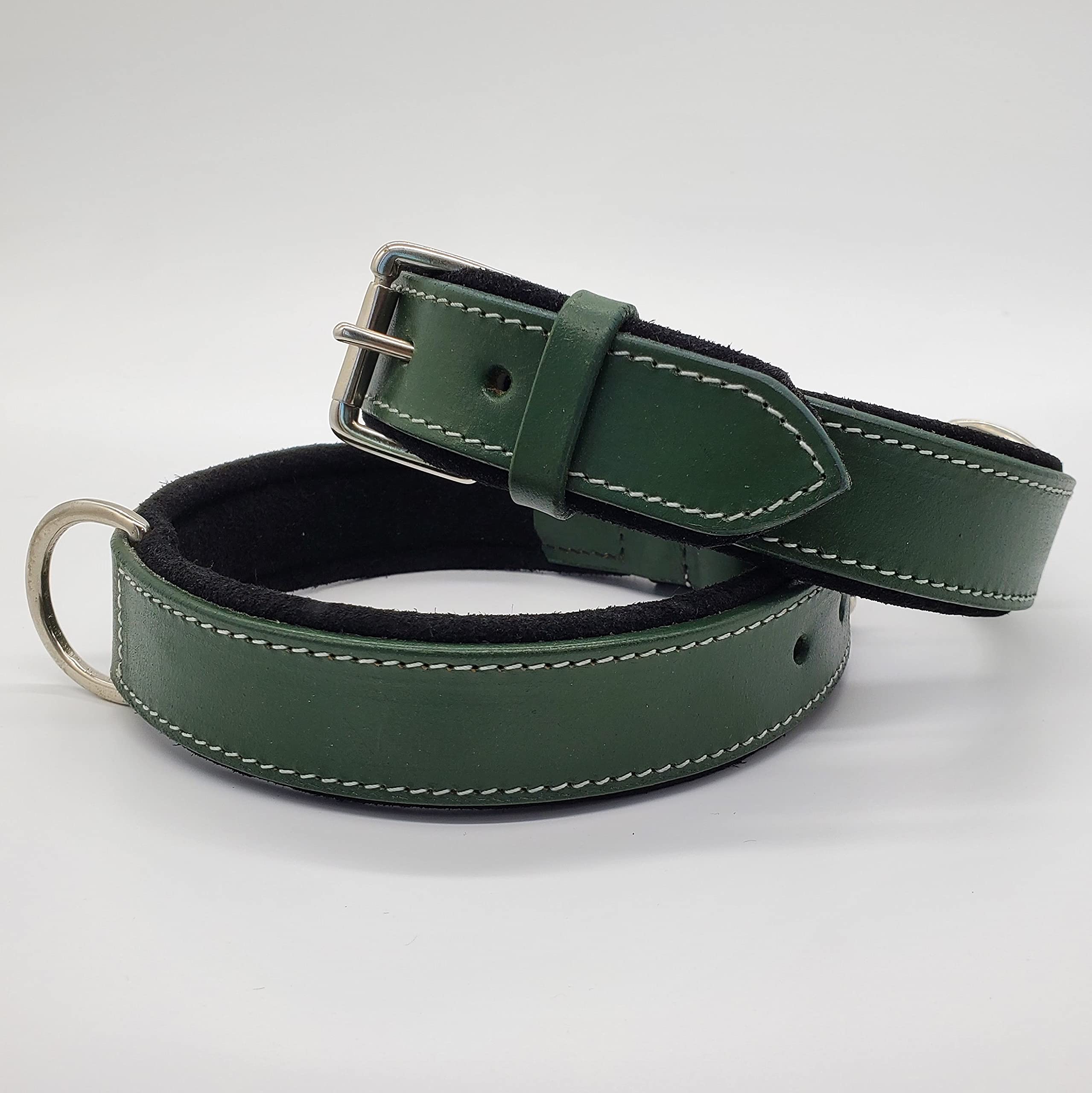 Pawficer - Collar de perro de cuero grueso y acolchado suave personalizado con nombre grabado, cuero verde con acolchado de gamuza negra (L: 17-20 pulgadas, verde, con nombre grabado)