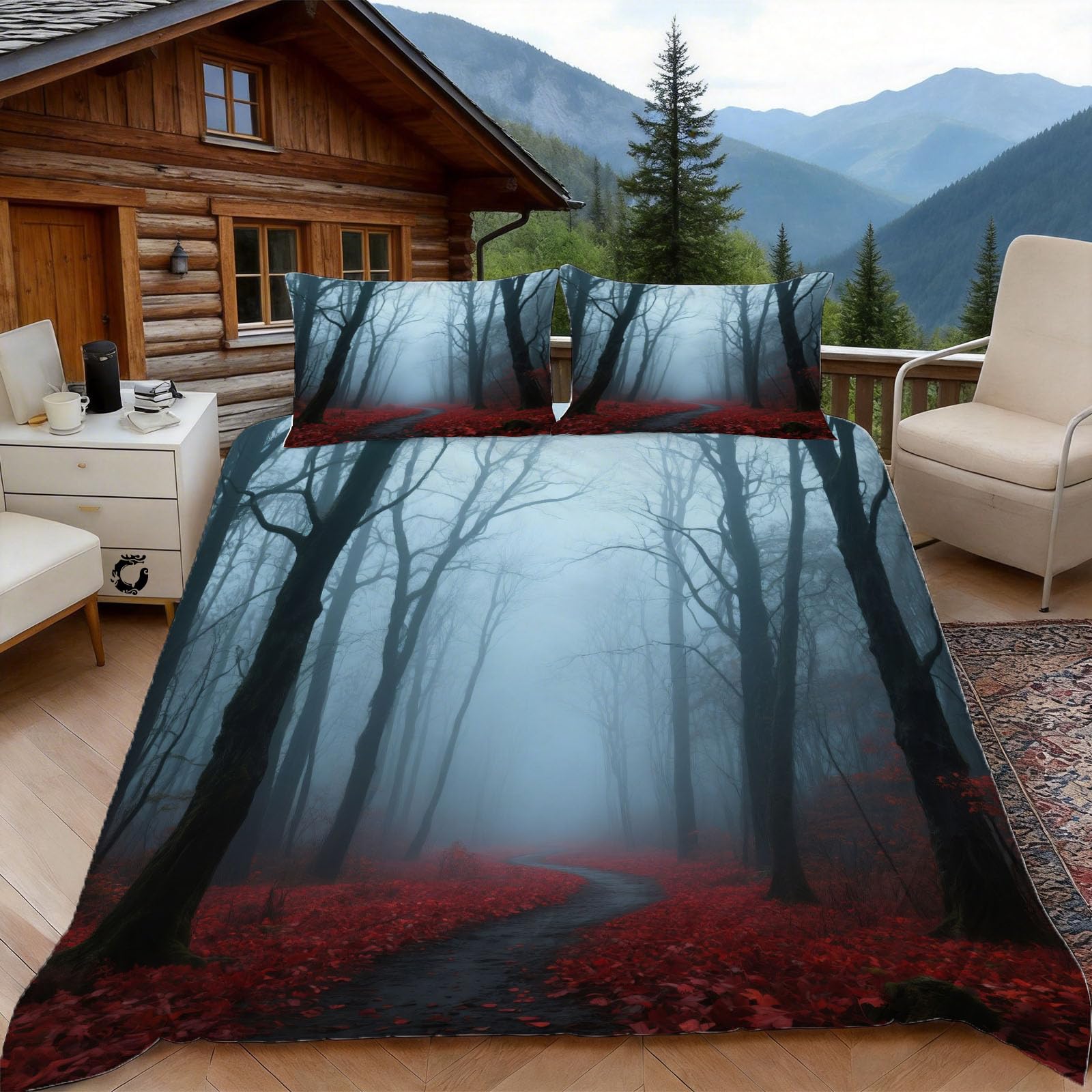 Housse de couette 240x260 forêt d'automne avec 2 taies pour lit 2 personnes