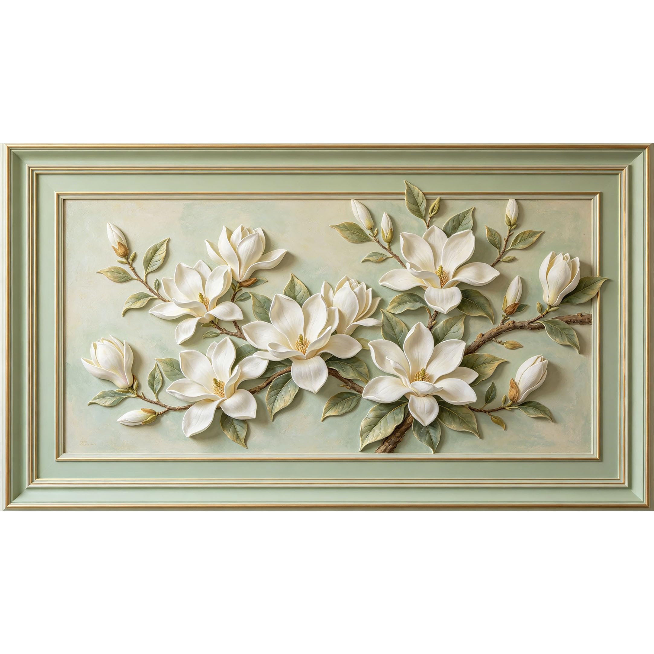 QZLITHOTIC 50x90cm3D Framed Wall Art， Botanical Magnolia Blossom Branch Self‑Adhesive Mural， Water‑Activated Peel & Stick Fabric Decor Wall Decal for Bedroom Living Room