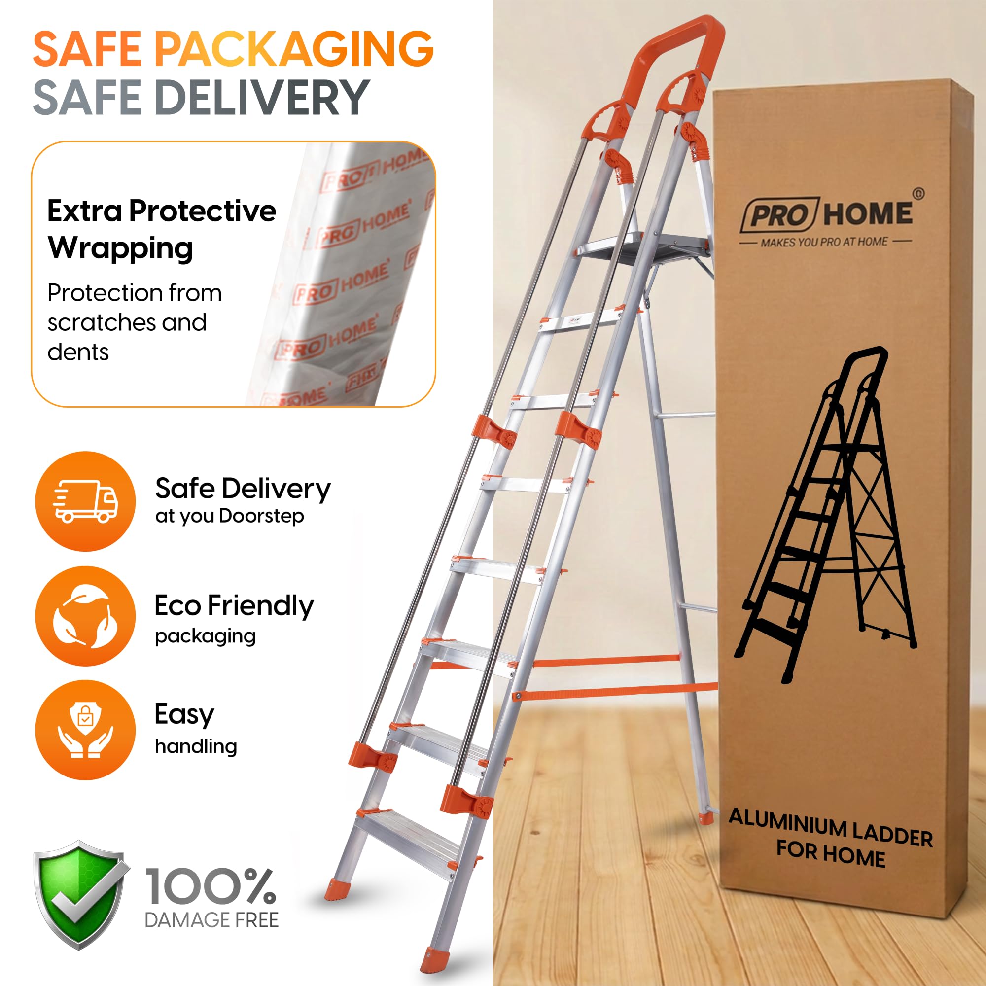 PROHOME Aluminium Ladder for Home 8 Steps Foldable with Railing & Anti-Skid Wide Steps | 8 Step Ladder for Home Use, Kitchen & Household | 270 Kg Capacity Folding Ladder | 5 Year Warranty (Orange) — Amazon image 5