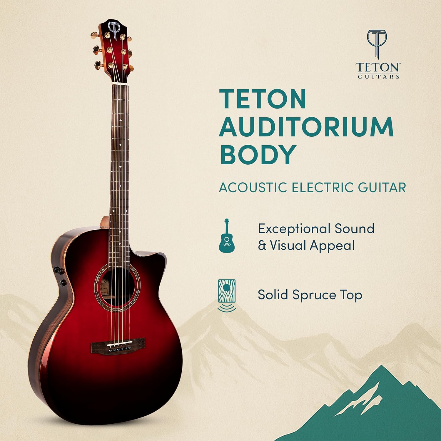 Teton Auditorium Acoustic Electric Guitar, Wooden, Solid Spruce Top, Mahogany Neck, Laurel Wood Fingerboard and Bridge, STA180CEAB-AR