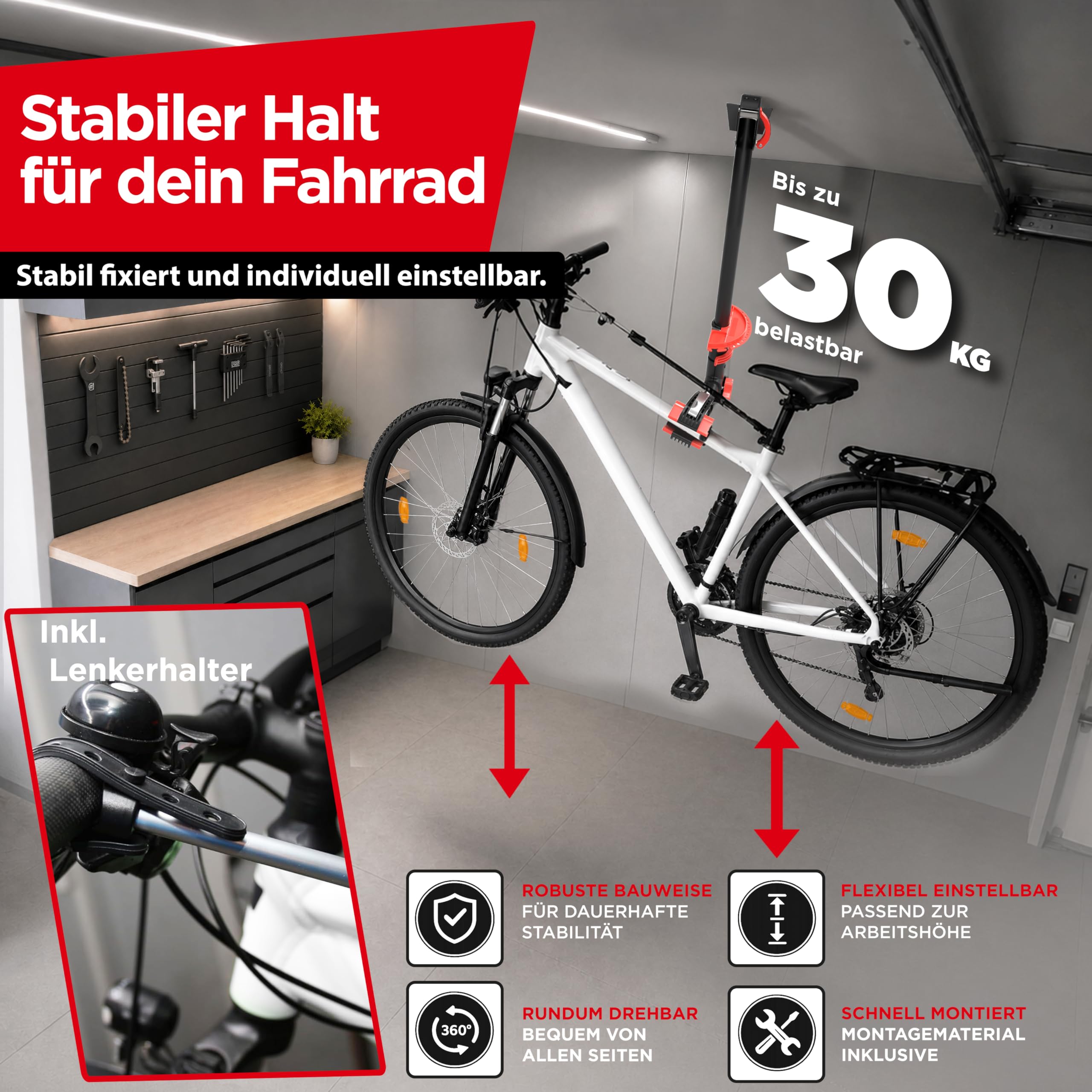 Adamix BikeClamp 30 Montageständer Deckenmontage, bis 30 kg, klappbar | Designed in Germany, höhenverstellbar, Fahrrad Montagehalterung und Reparaturständer für MTB, E-Bike, Rennrad