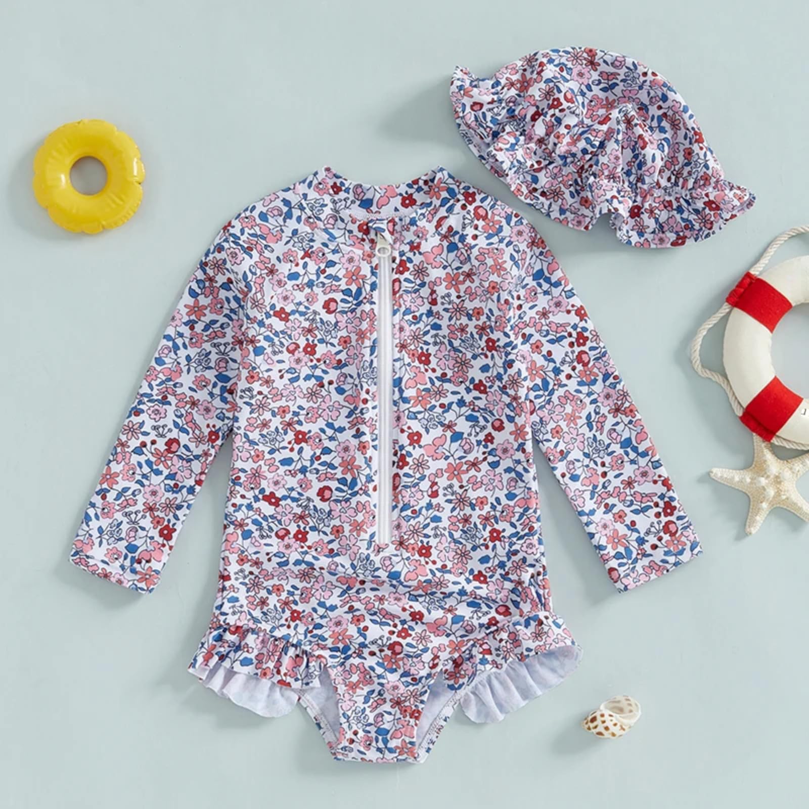 Maillot de bain d'été pour bébé fille avec motif floral fermeture éclair Rashguard à manches longues avec bonnet de bain