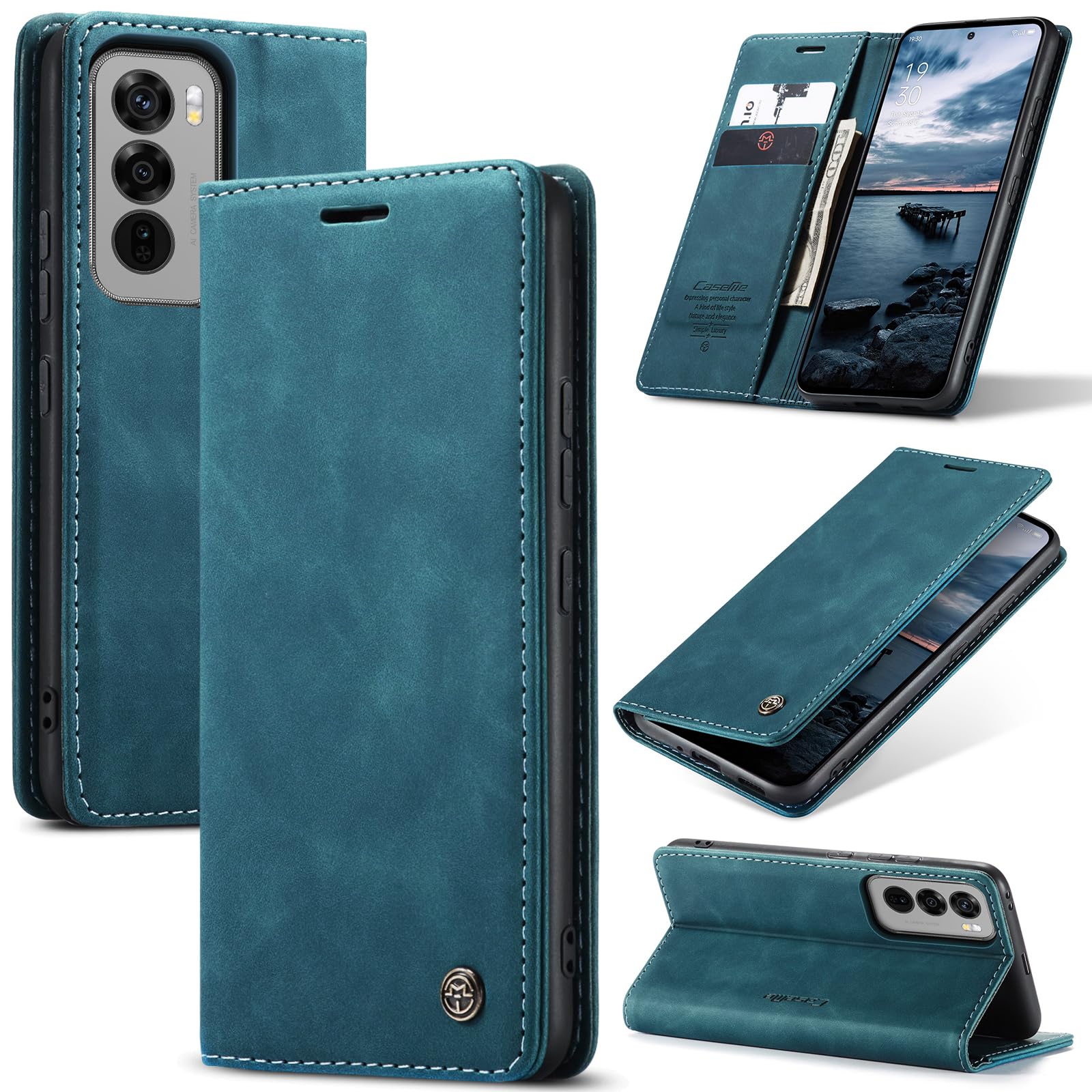 Cracedily Handyhülle für Oppo Reno12 Pro 5G Hülle, Klapphülle Premium Lederhülle Klappbar Flip Case Tasche Magnet Kartenfach Standfunktion Klapphülle Schutzhülle für Oppo Reno 12 Pro 5G, Blaugrün