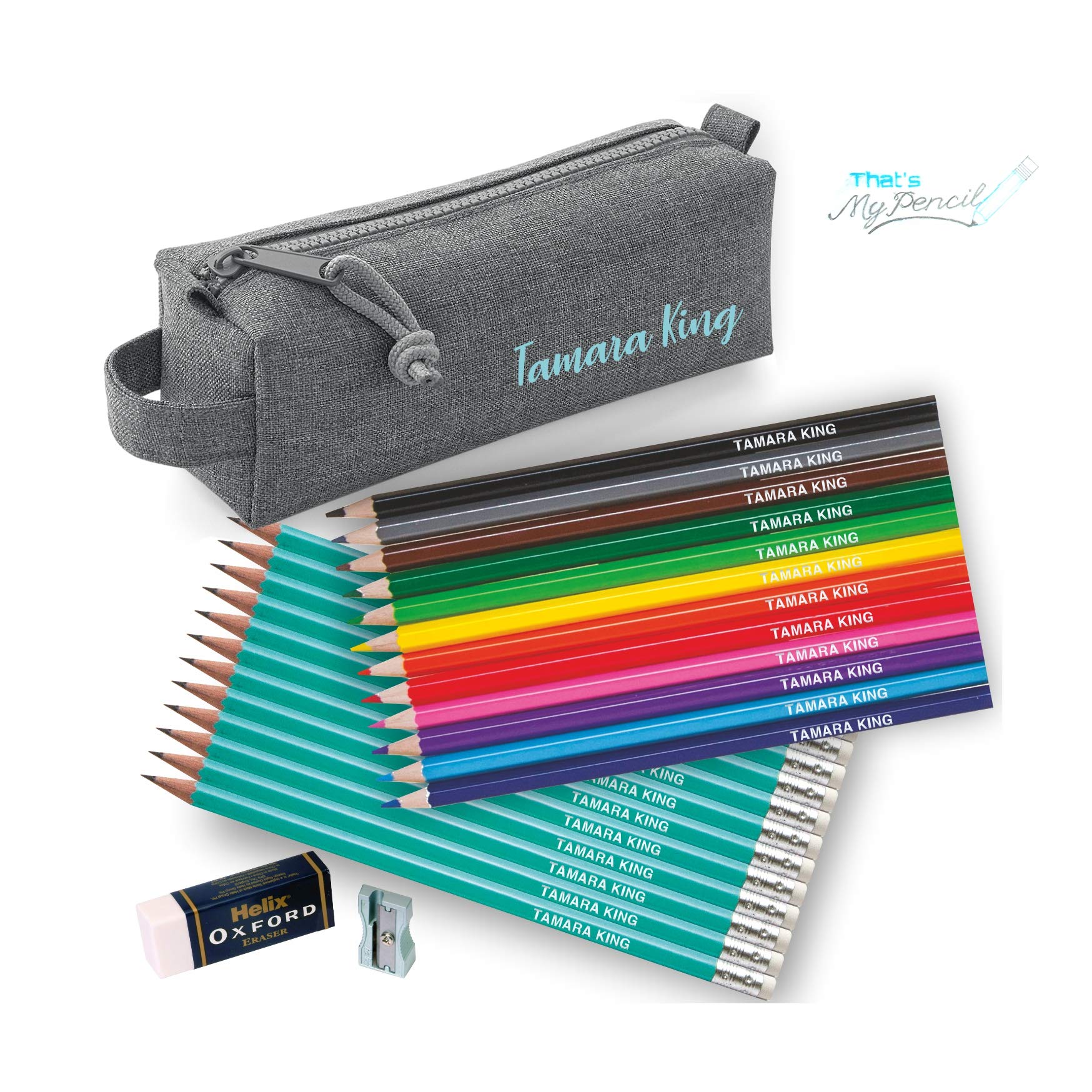 Personalised Marl Grey Block Pencil Case with 12 Colouring Pencils, 12 Matching HB Pencils with Erasers Plus Helix Oxford Sharpener and Eraser - Printed in UK by 'That's My Pencil' (Aquamarine)