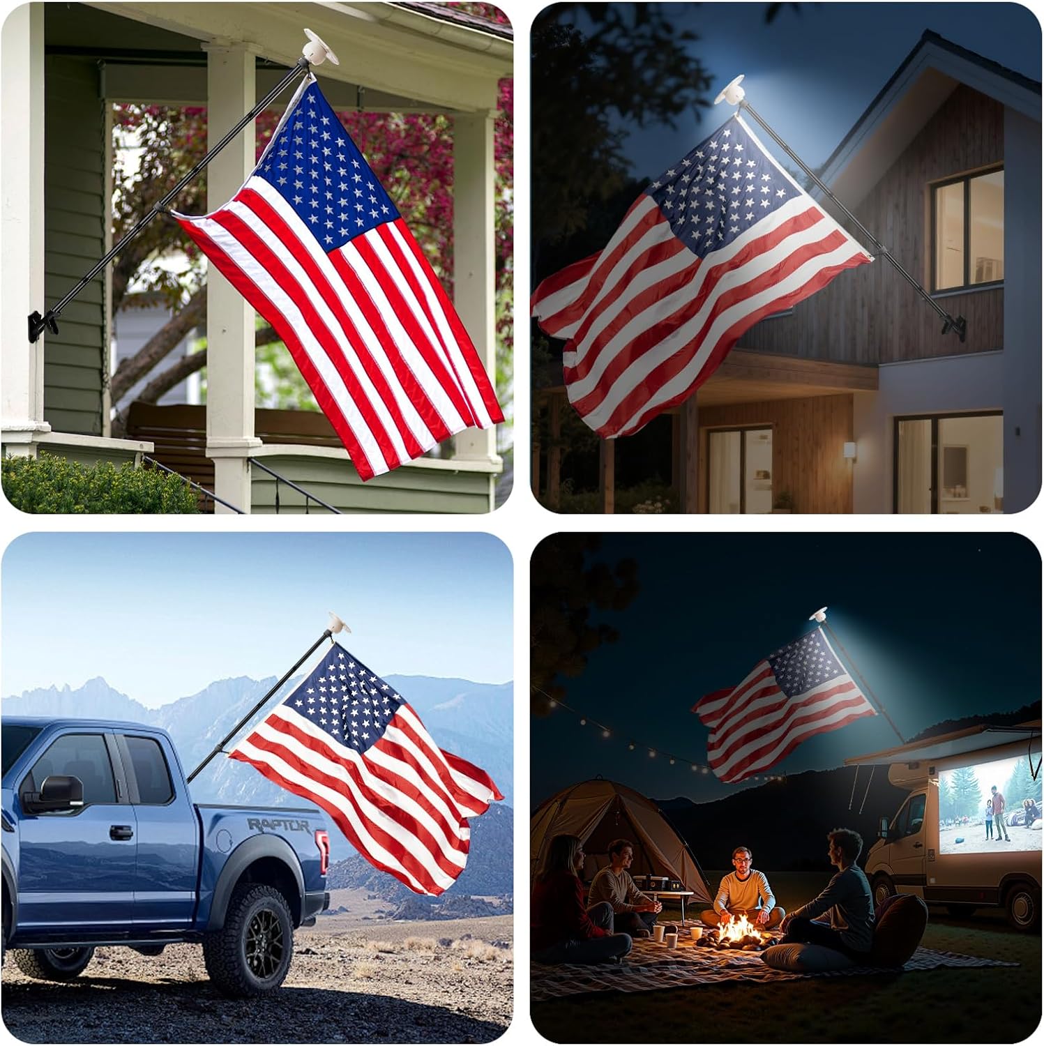 5FT Flag Pole Kit with Solar Light and 3x5FT American Flag, Stainless Steel Flagpole with 120LED Solar Light Dusk to Dawn, Wall Mount with Adjustable Bracket for Outdoor Porch.