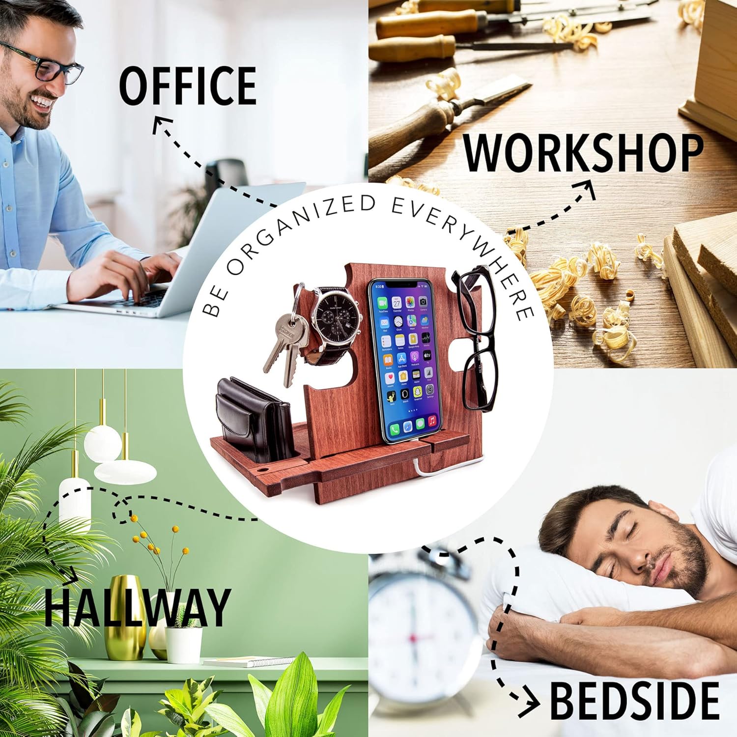 Wood Phone Docking Station for Men, Mens Charging Station and Organizer, Nightstand Organizer Charging Station, Men's Gifts for Birthday, Christmas Ideas for Men