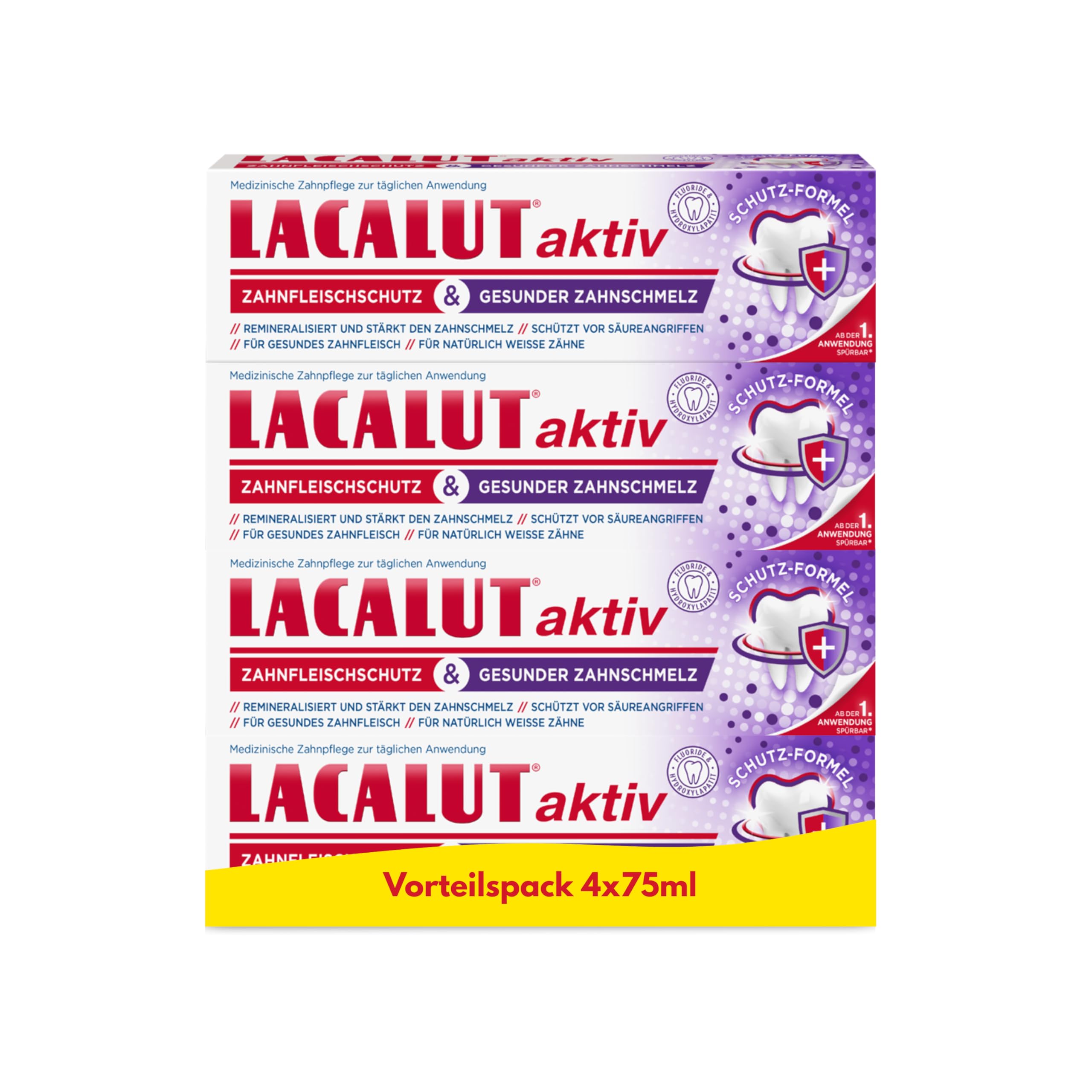 LACALUT aktiv Zahnfleischschutz & Gesunder Zahnschmelz 4er-Pack (4x75ml) - Medizinische Zahnpasta für starken Zahnschmelz, gesundes Zahnfleisch & natürlich weisse Zähne