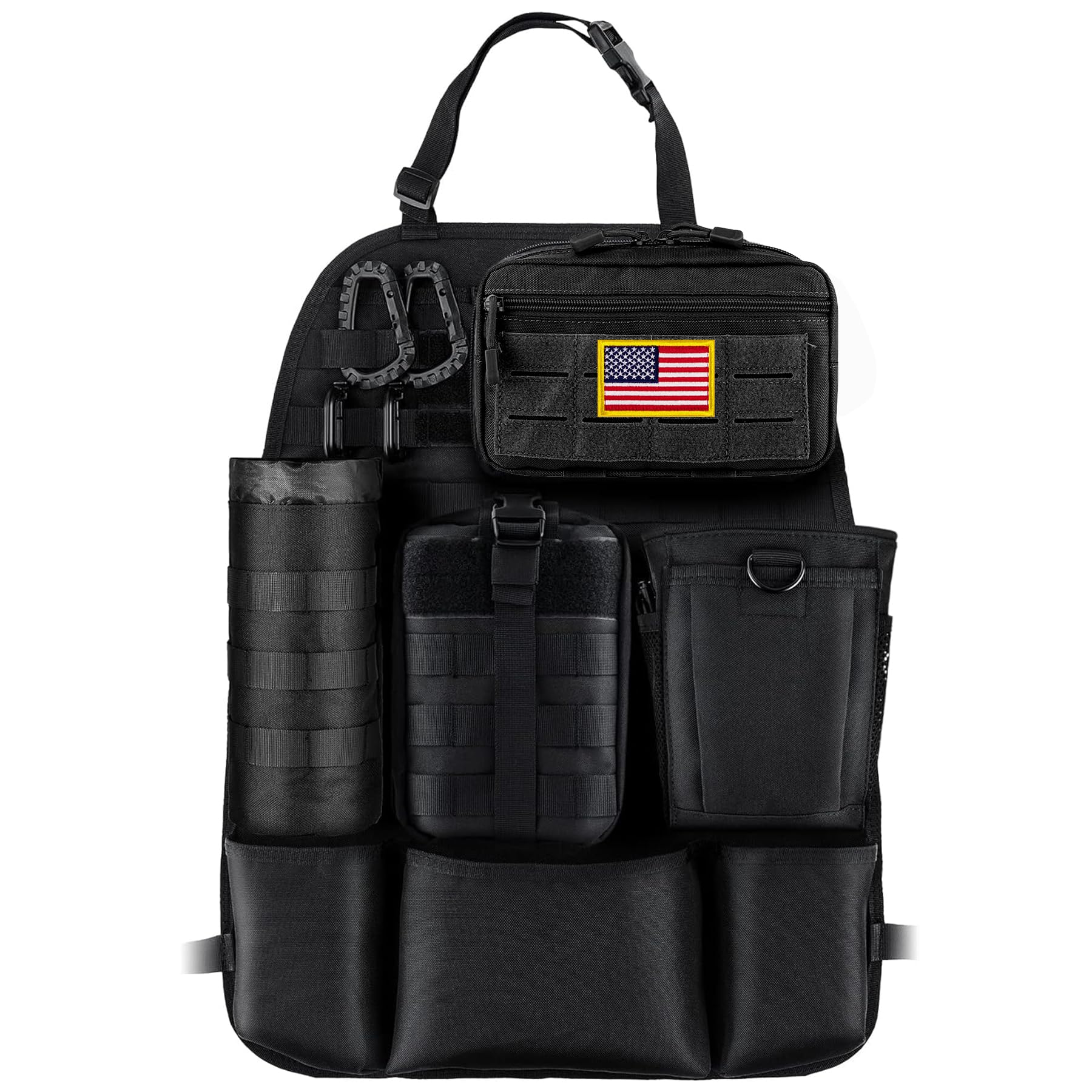 IronSeals Car Seat Back Organizer with 4 Molle Pouches, Universal Tactical Sag Proof Vehicle Seat Cover Protector with EMT Pouch Admin Pouch Water