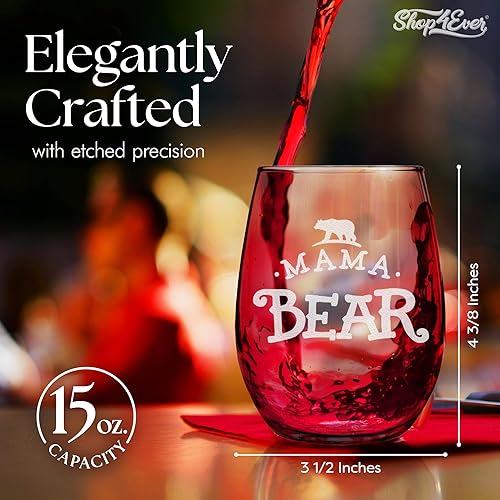 Miniatura 3 de Mama Bear - Copa de vino sin tallo grabada con láser, 15 onzas, regalos para mamá, ideas de regalo para el día de la madre