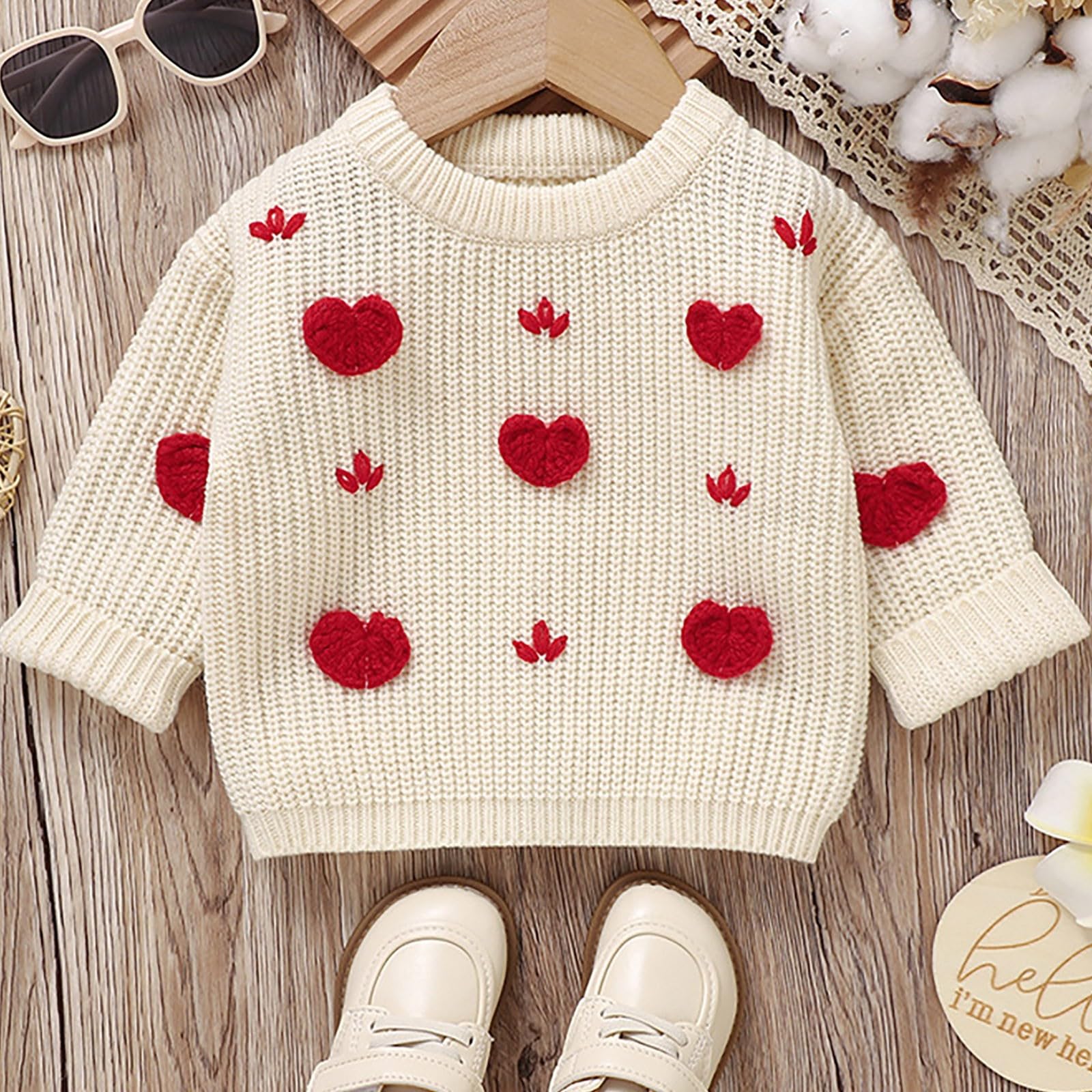 Toddler Baby Girl Boy Knitted Sweater Valentines Day Outfit Love Heart Sweet Long Sleeve Sweaters (Beige, 9-12 Months)
