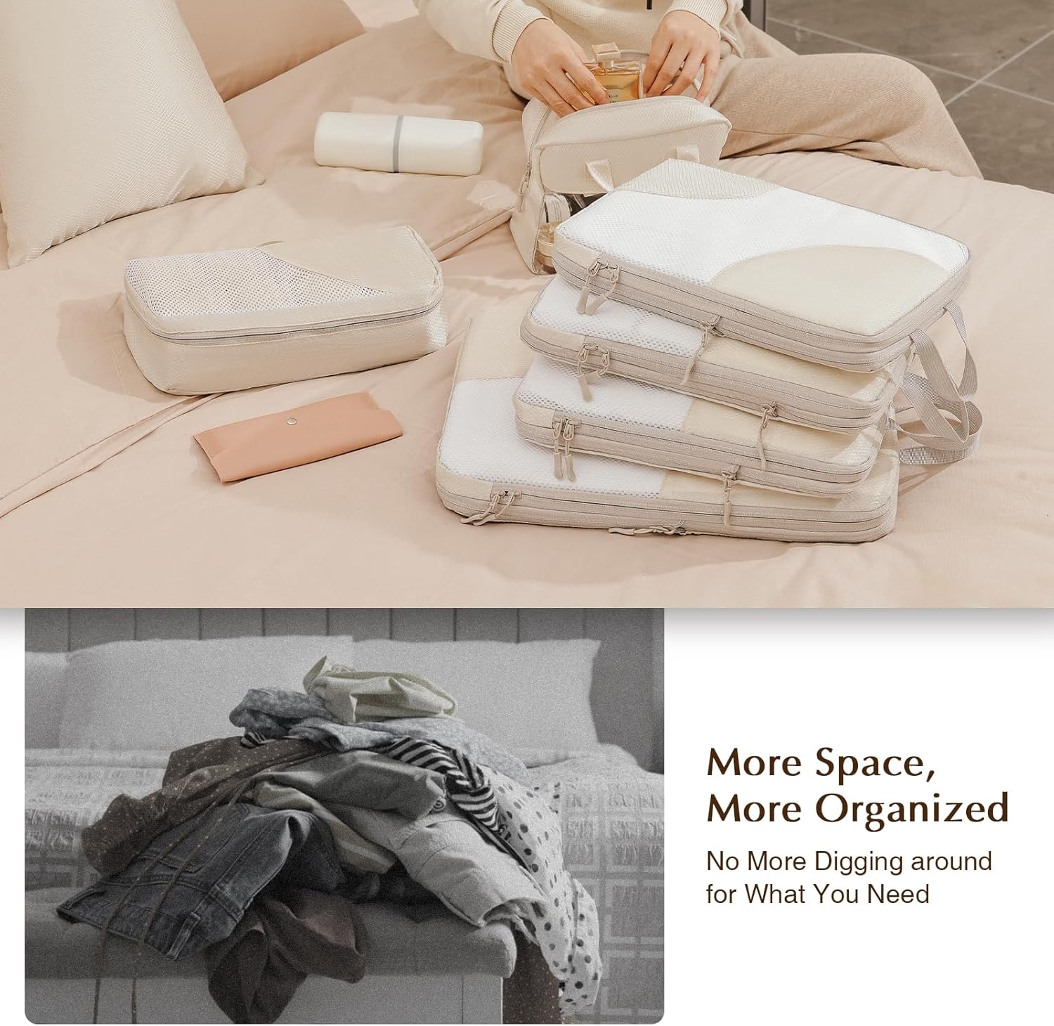 Compression Packing Cubes Travel Organizer,Travel Packing Cubes Compressible for Carry on Luggage Lightweight Expandable Luggage Travel Accessories,8 Set, Beige - Image 6