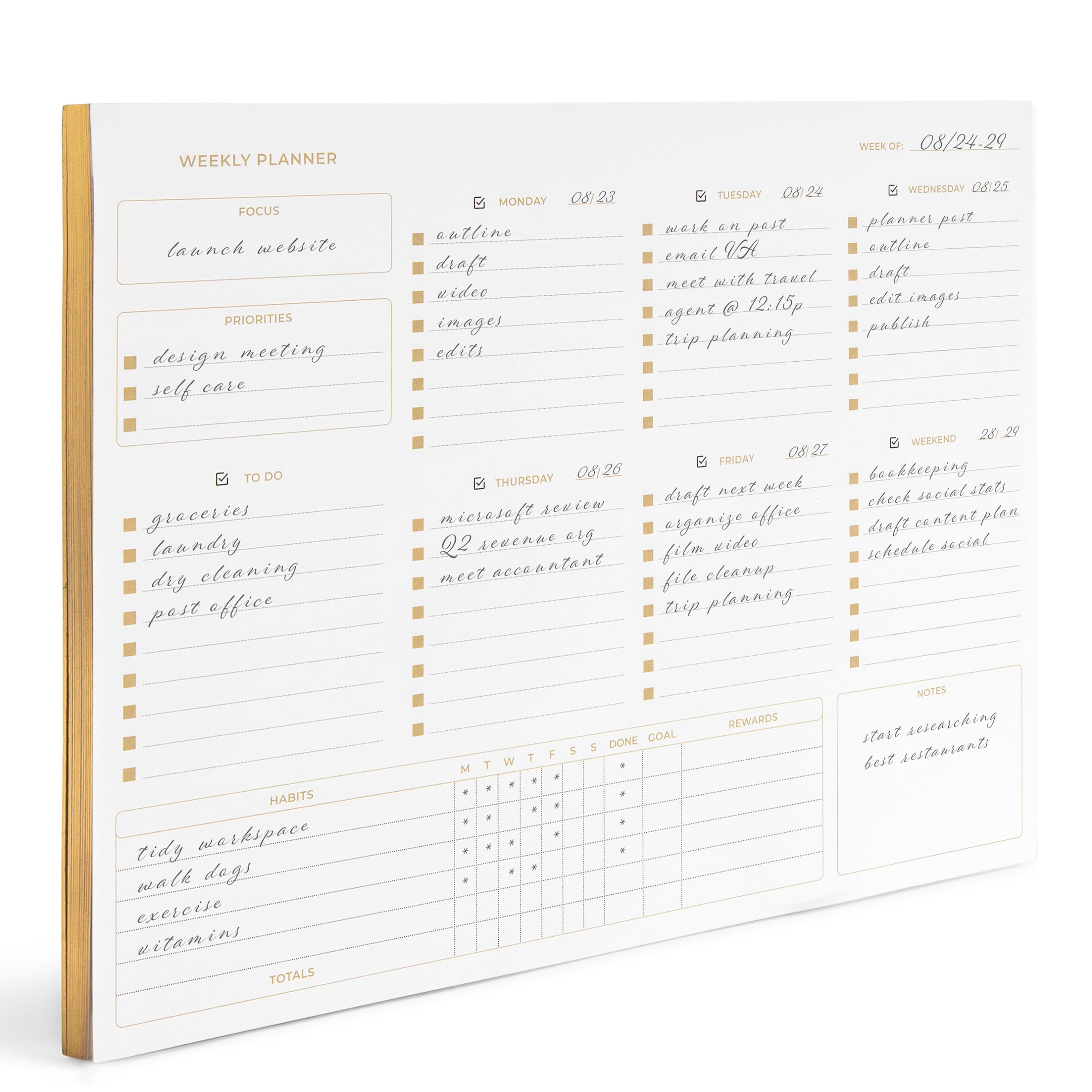 BLU MONACO | Undated Weekly Planner Notepad | Gold Edge Desk Pad 8.5 x 11 with Tear Off Sheets | Weekly Planner with To Do List for Work Desk