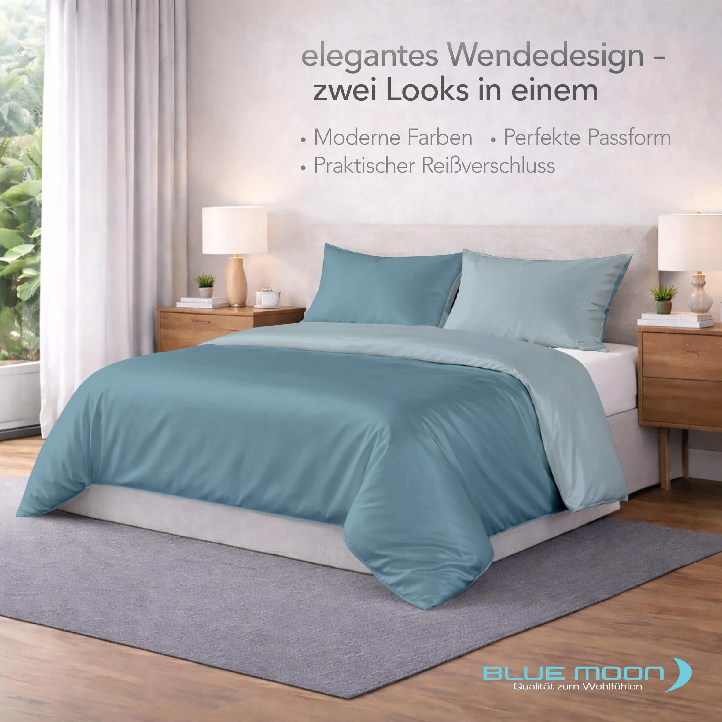 BLUE MOON Bettwäsche 155x220 cm Satin Bettwäsche-Sets 100% Baumwolle Wendebettwäsche - Made in EU - 1x Bettbezug 155x220 cm und 1x Kopfkissenbezug 80x80 cm (Aqua, 155 x 220 + 80 x 80 cm)
