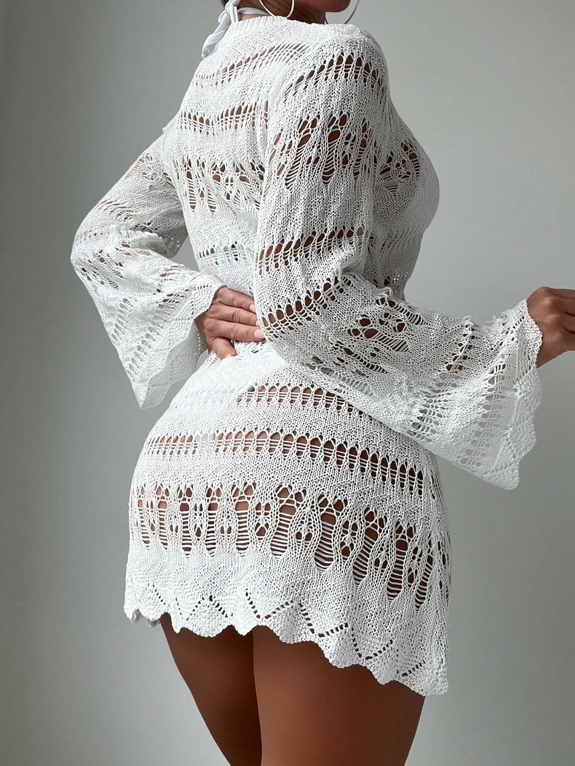 swimsuit coverup for women Summer Beach Hollow Out Trim Flounce Sleeve Cover Up Dress
