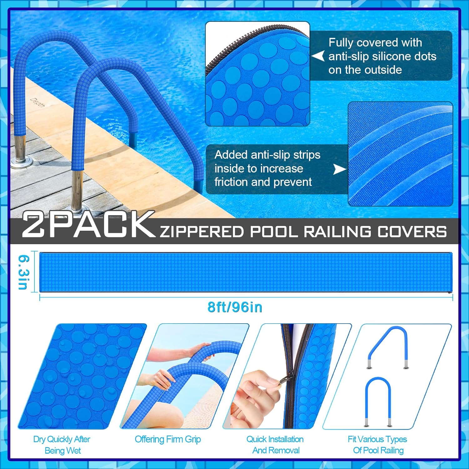 2 Pack Neoprene Pool Handrail Covers, 8 Foot Swimming Pool Hand Railing Covers with Enhanced Zipper Slip Resistant Anti-Scald Safety Rail Grip Handles Sleeve for Inground Swimming Pool Ladder Handles