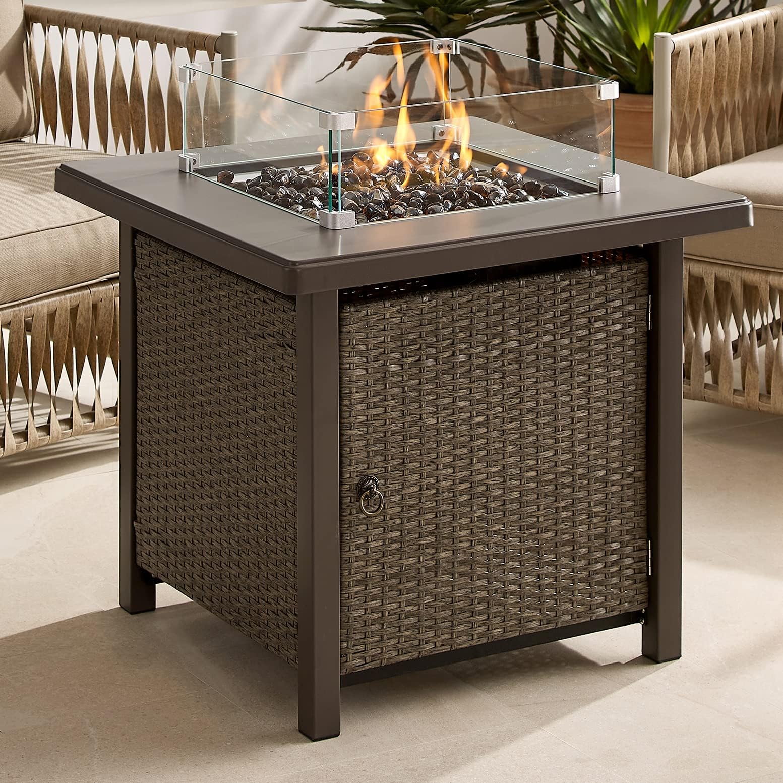 Art Leon 28in Outdoor Propane Fire Pit with Glass Wind Guard, 40,000 BTU Outdoor Wicker Patio Gas Fire Pit Table with Lid, 11 Pound Amber Glass Rocks, CSA Certification, Khaki