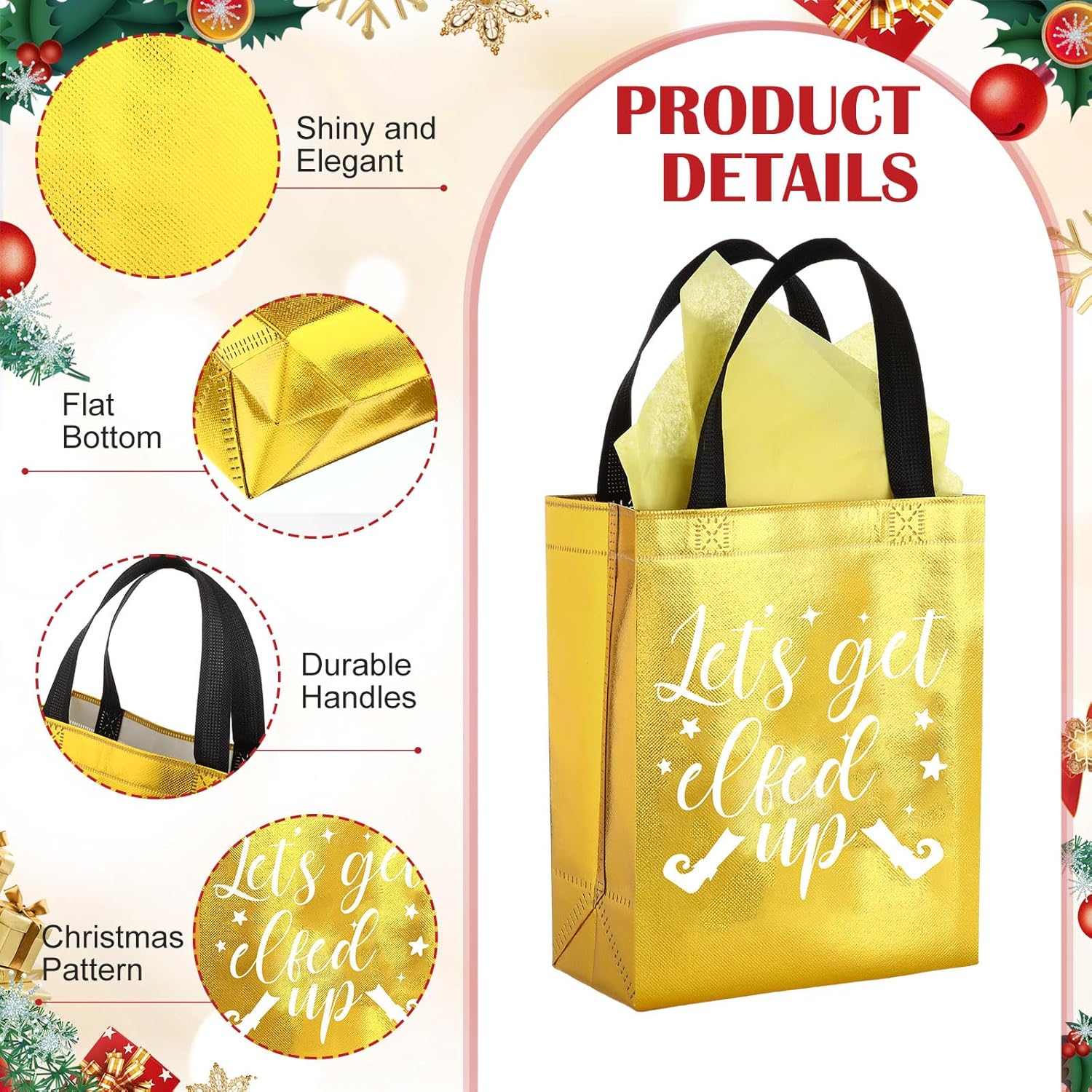 Wesnoy 24 Pieces Christmas Gift Bags with Tissues Metallic Shiny Goodie Bags Reusable Non Woven Gift Bag for Gifts Wrapping, Xmas Gifts Holiday Party Supplies(Multicolor,8 x 4 x 10 Inch)