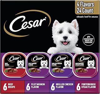 Cesar Classic Loaf Wet Dog Food Variety Pack, Grilled Steak Eggs & Chicken Liver, 3.5oz Easy Peel Trays, 24ct for Small Adult Dogs