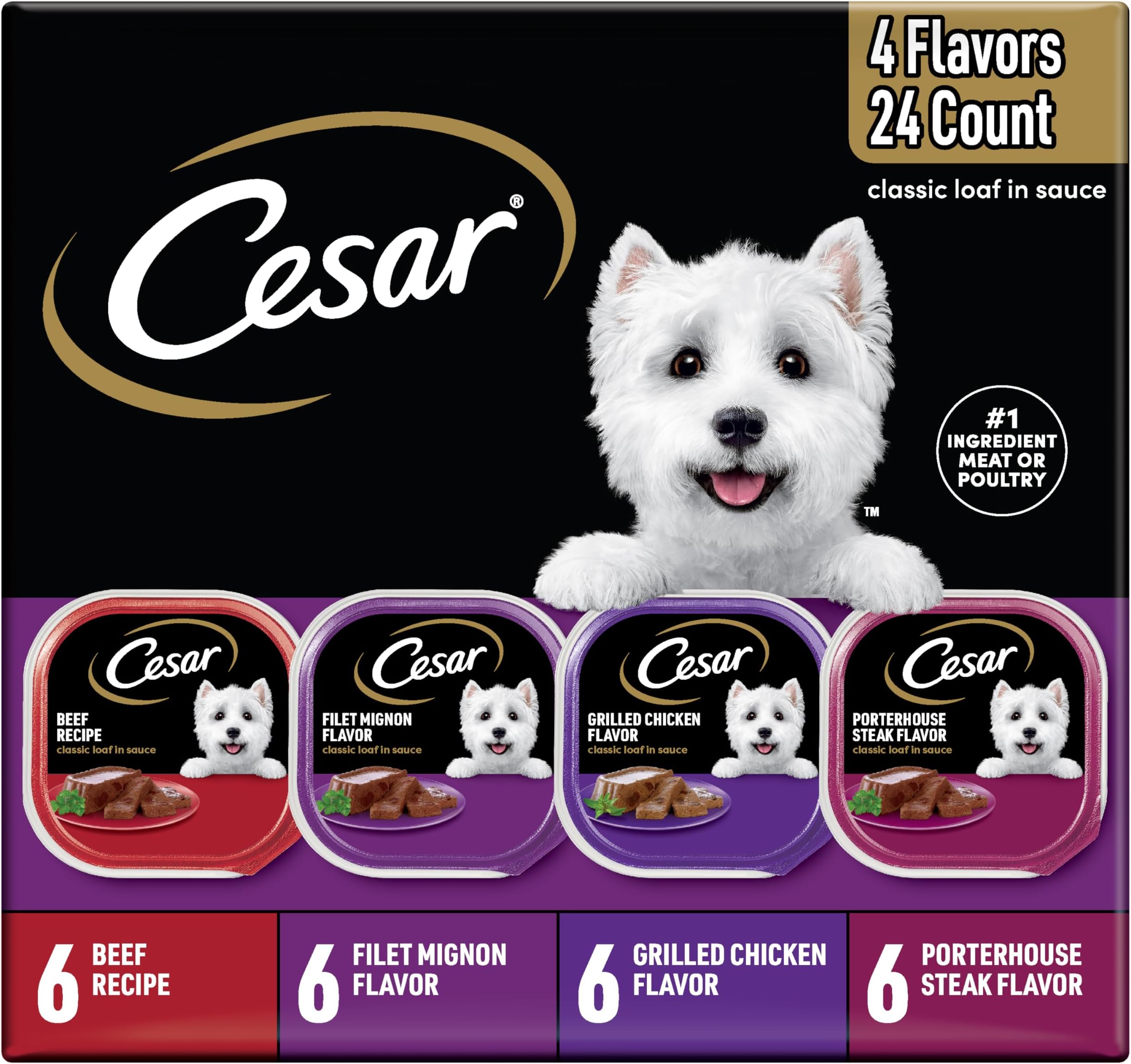 Soft Wet Dog Food Classic Loaf in Sauce Beef Recipe, Filet Mignon, Grilled Chicken and Porterhouse Steak Variety Pack, (24) 3.5 oz. Easy Peel Trays