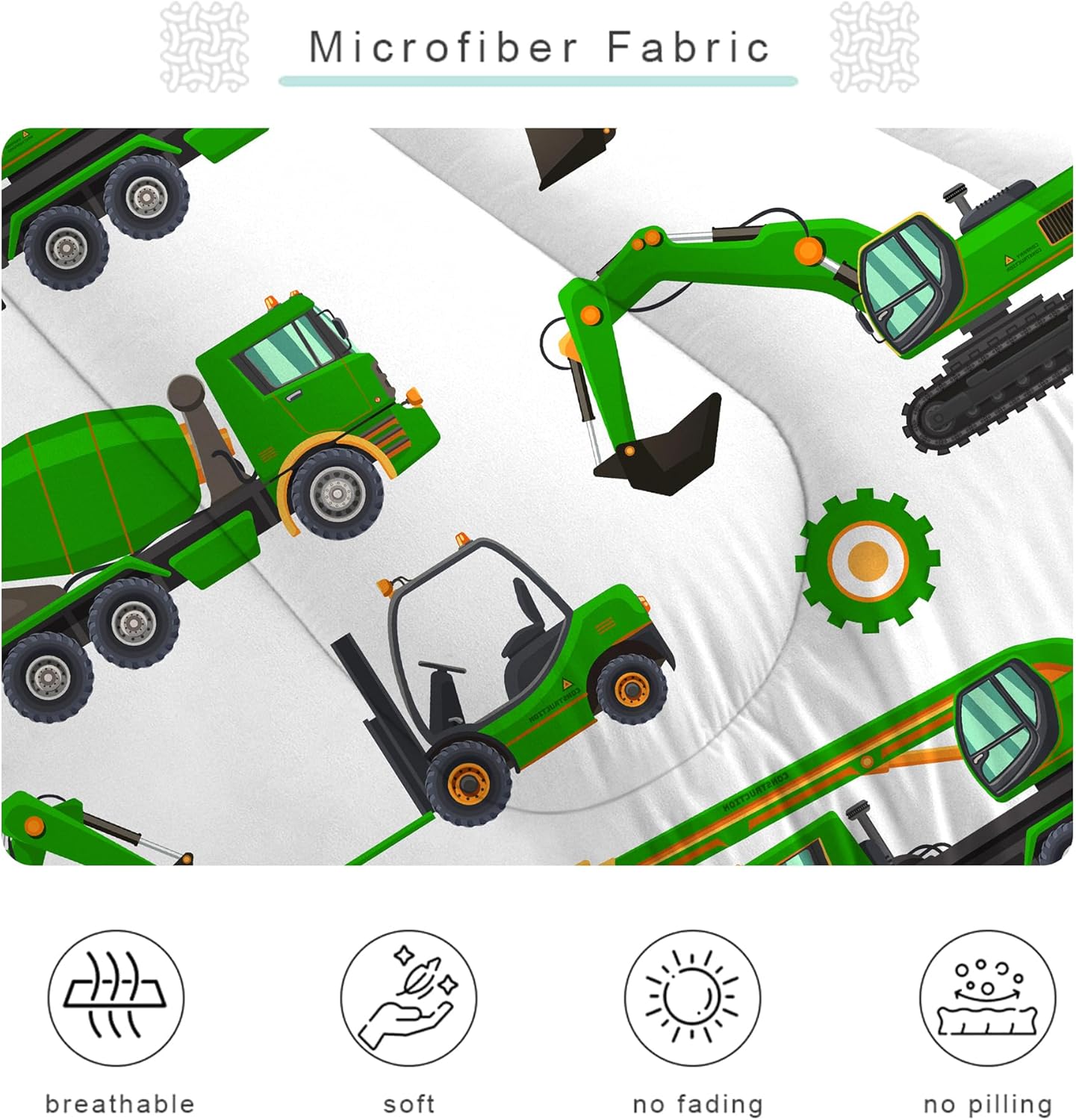 Comforter Set Green Tractor: Twin Size Cartoon Excavator Truck Car Bedding Sets for Boys Kids Teens Toddler Construction Vehicles Quilt Bed Set with 1 Comforter & 1 Pillow Case - Image 4