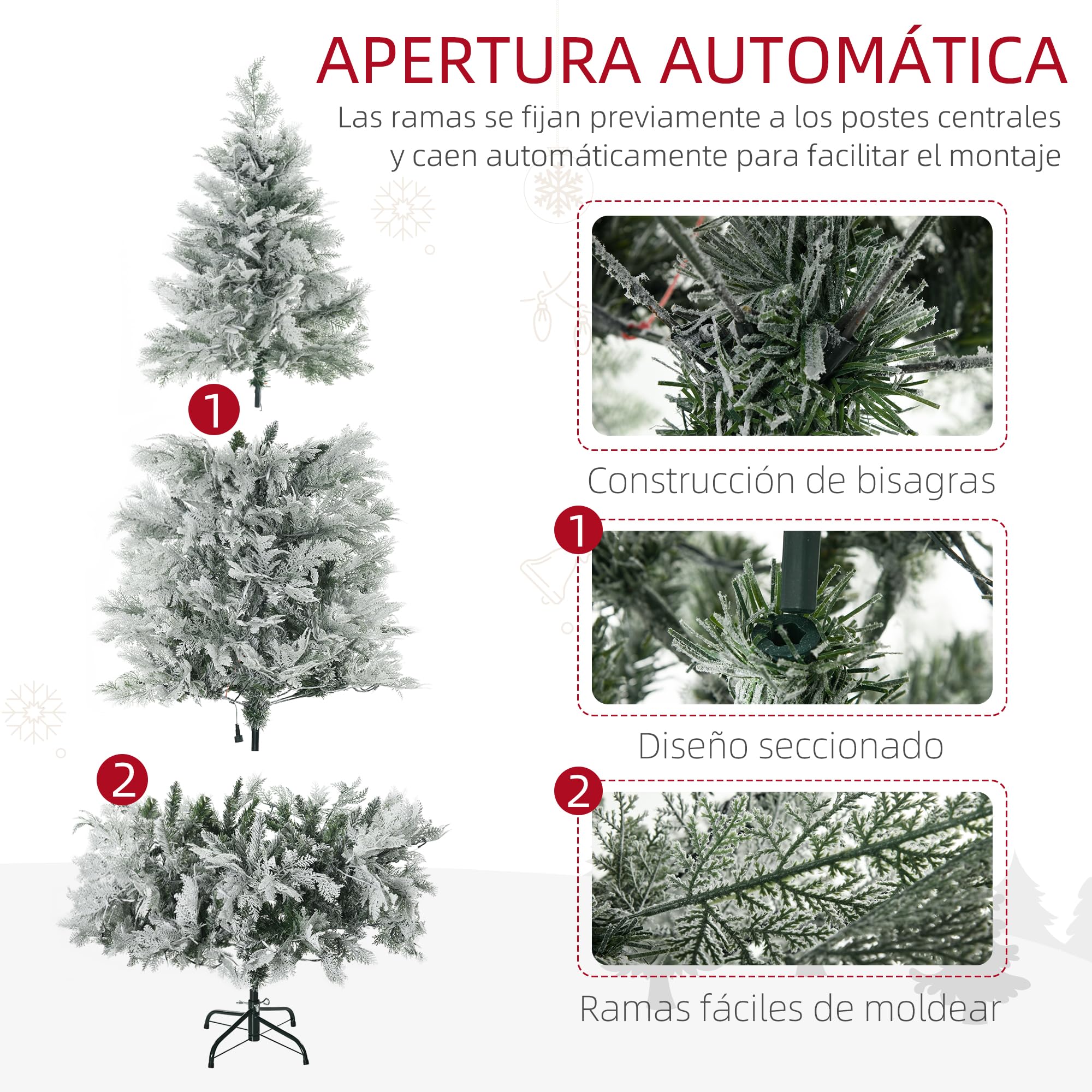 HOMCOM Árbol de Navidad Artificial 180 cm, 300 Luces LED Blancas Cálidas | Árbol de Navidad Nevado, 577 Ramas, Forma de Ciprés, Base Plegable, Decoración Navideña