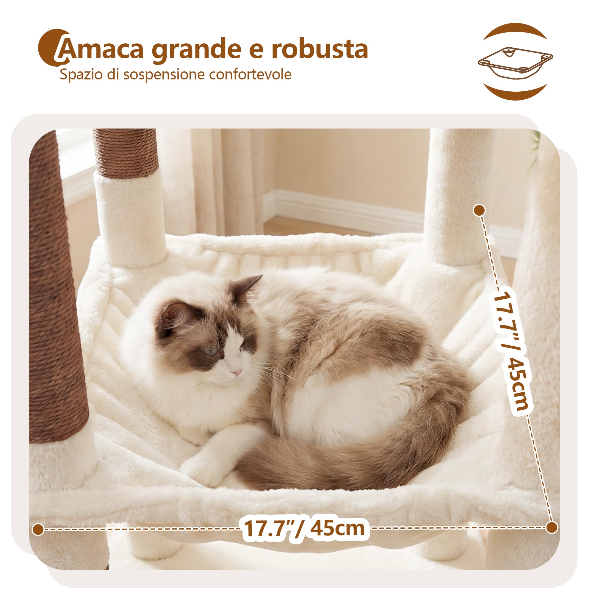 Heybly Albero Tiragraffi 135 cm, Torre Angolo Stabile Gatti Grandi HCT029MJ | Piattaforma A Ventaglio, Amaca Quadrata XL, Cesta Rotonda, Cuccia Peluche, Base 45 cm, Angolo Casa, Beige