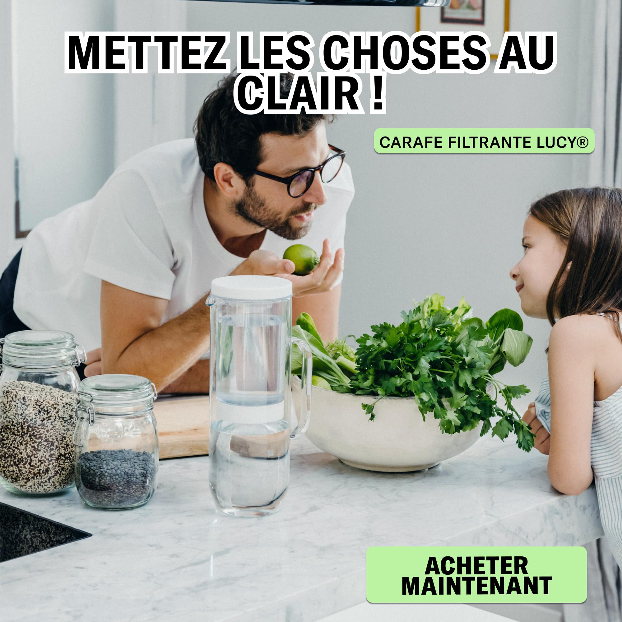LUCY Carafe Filtrante 2L en Verre – Carafe d'Eau Filtrante avec Filtre à Eau au Charbon Actif – Purifie l'Eau du Robinet (Calcaire, Chlore, Plomb) – Préserve les Minéraux – 1 Filtre Inclus – Sans BPA