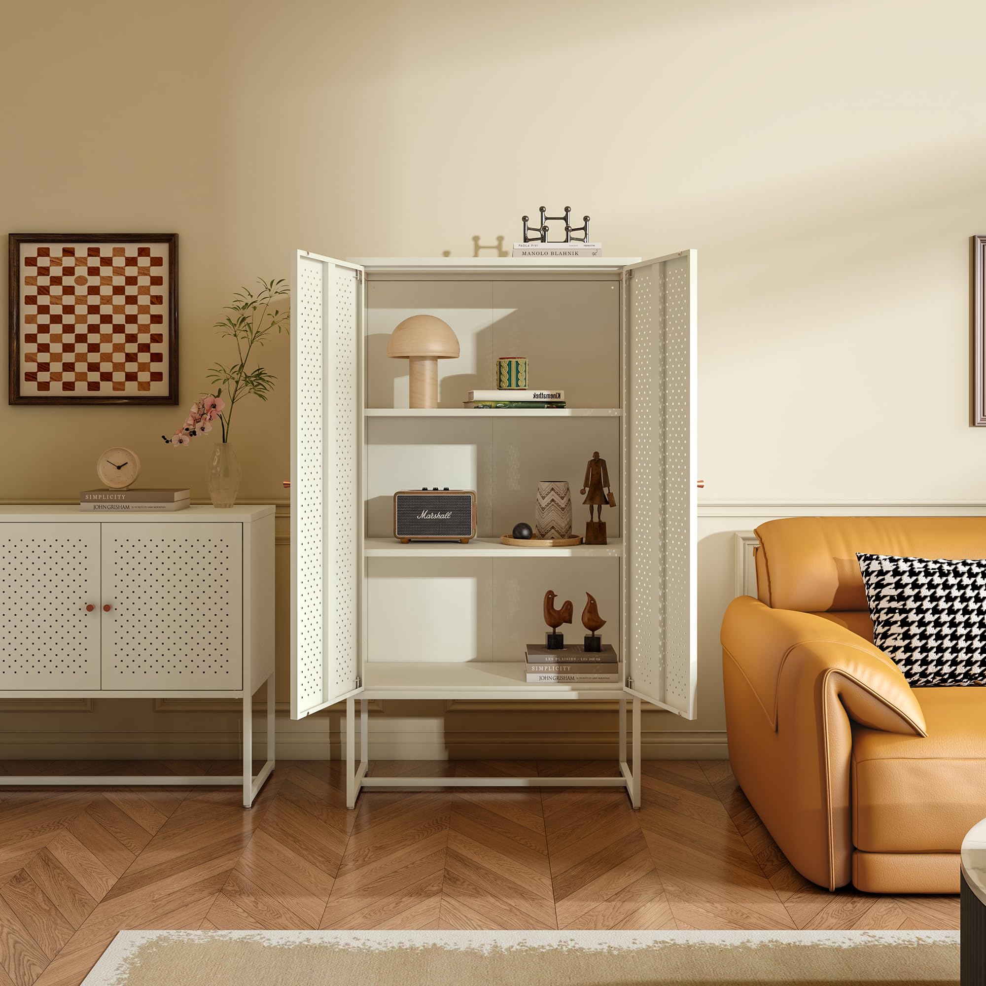 [en.casa] Wohnzimmerschrank Viitasaari Highboard mit 2 Türen Metallschrank aus Stahl 3 Fächer Büroschrank 150 x 80 x 40 cm Aufbewahrungsschrank Cremeweiß