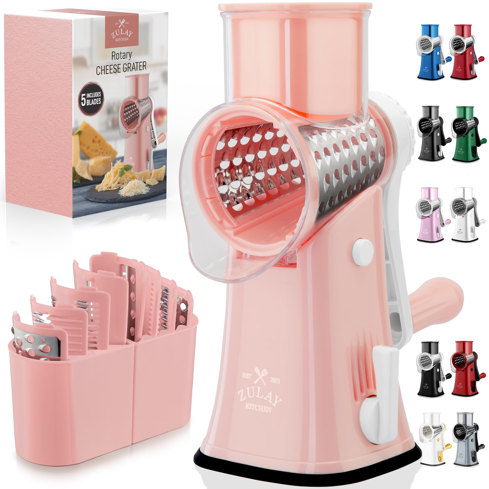 Rotary Cheese Grater Manual Hand Crank 5 Blade Shredder, Peach &amp; White