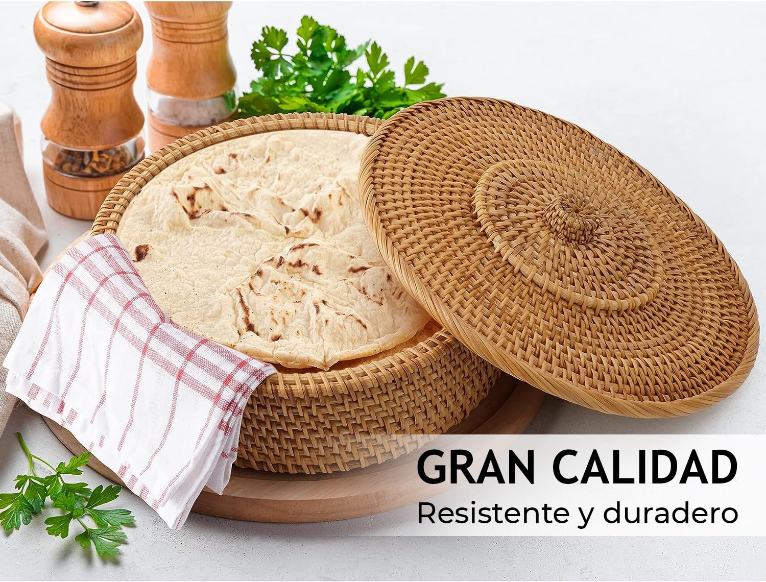 Tortillada - Calentador de Tortillas 26 cm Ratán – Cesta de Pan Hecha a Mano para Tortillas, Wraps y Pan Plano – Incluye Tela de Algodón, Mantiene la Comida Caliente